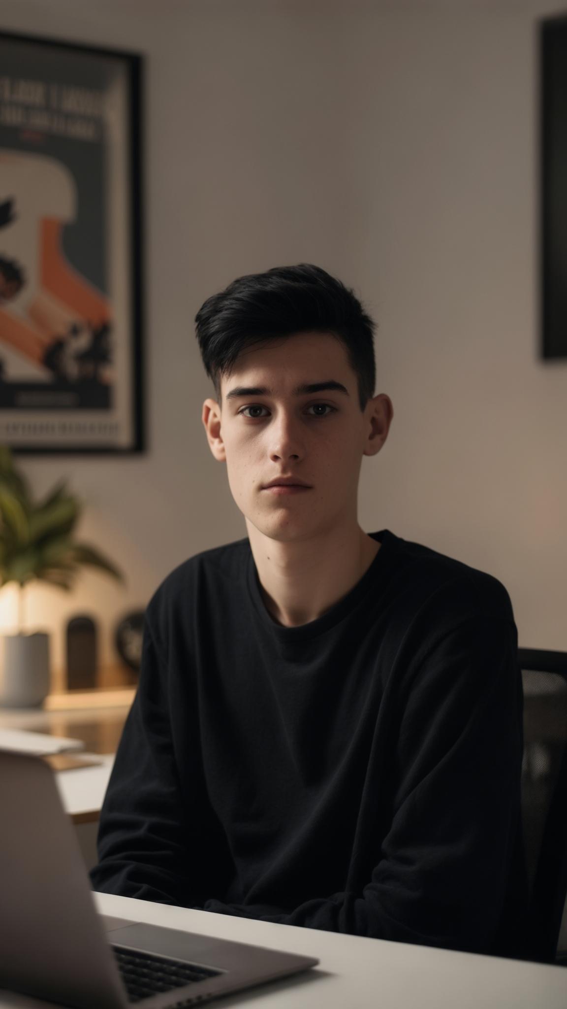 AI Image Generated by Luma Photon: A 20-year-old Caucasian male with short black hair, sitting in a modern, minimalistic interior similar to a tech YouTuber setup. He is looking directly into the camera as if filming a vlog. The background includes a desk, laptop, indoor plant, soft lighting, and framed poster on the wall, similar to a stylish tech content creator's room. The person is not holding anything and is not interacting with any objects — just calmly sitting and focused on the camera.