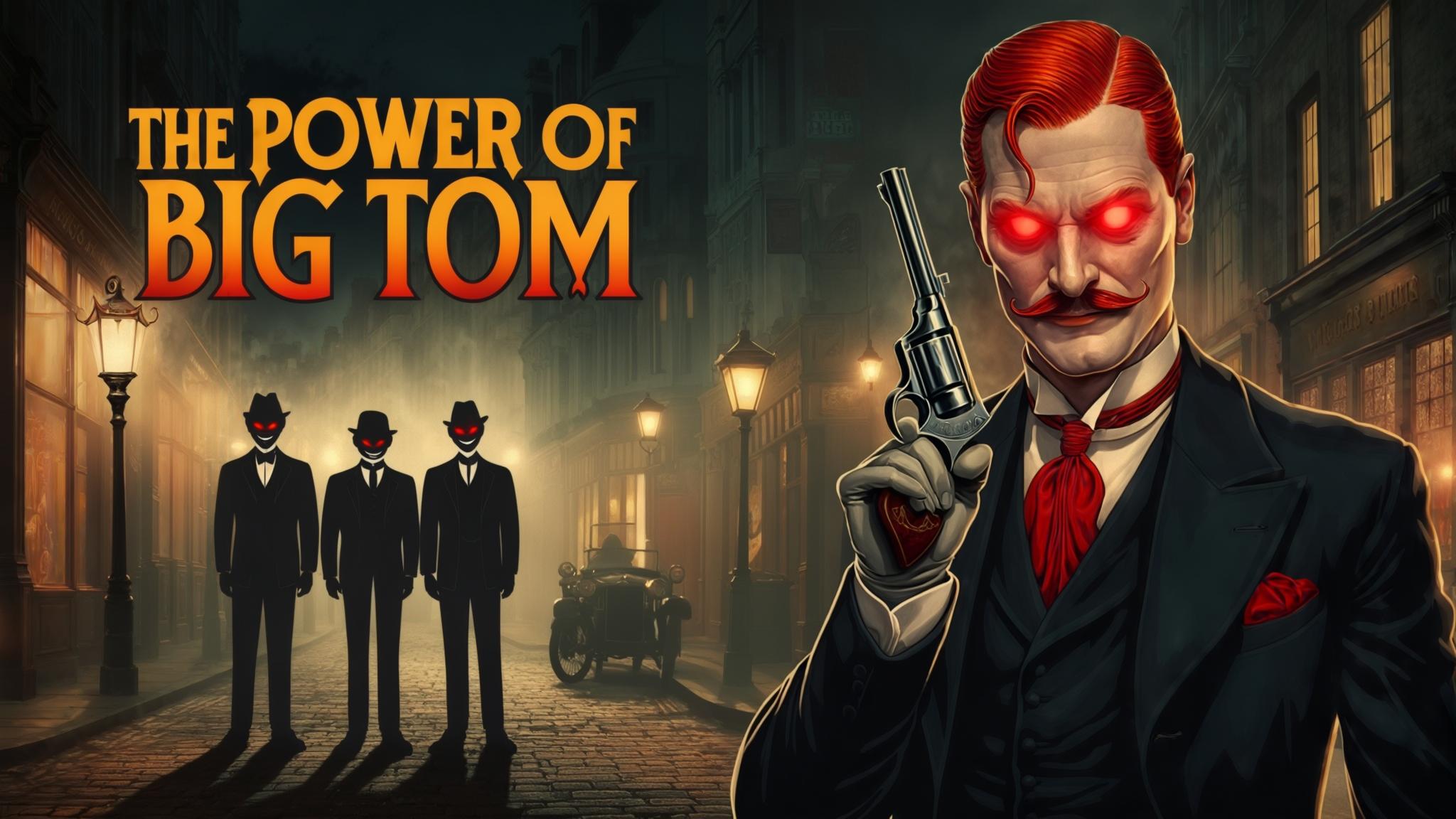 AI Image Generated by Luma Photon: This should be a movie cover. No captions except "The Power of Big Tom". The background is the streets of London, a slight haze. Night. Lanterns illuminate the street. In the middle of the street stand three silhouettes with red eyes and mocking smiles from the shadows. These silhouettes are dressed in expensive clothes typical of the 20th century mafia. A man looms over this whole picture. He has well-groomed red hair slicked to the side. He has a short red moustache. He is dressed in beautiful clothes and holds a revolver in his hand. A poster in the style of 20th century advertising. Dark mood