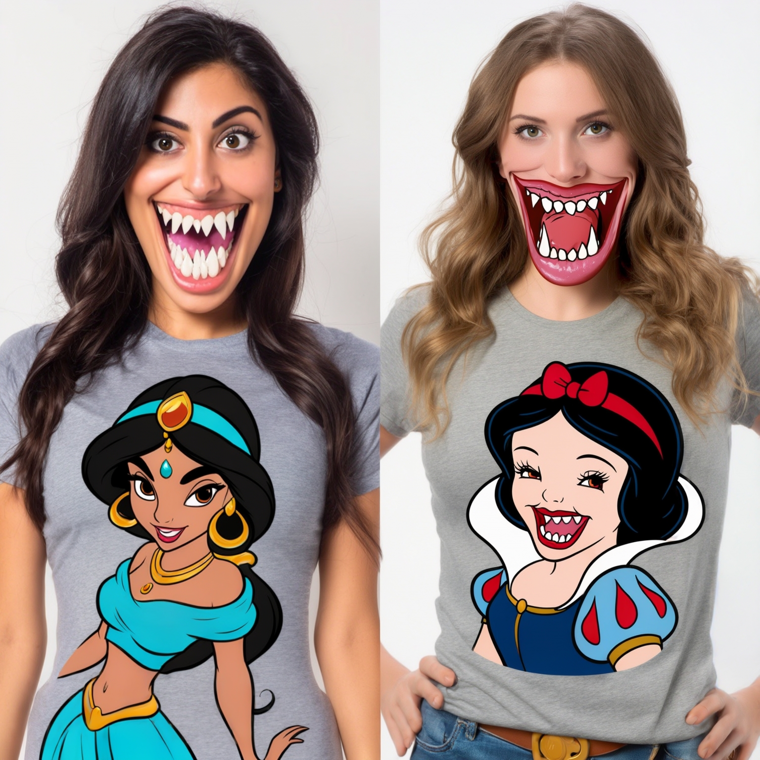 AI Image Generated by Luma Photon: lesbians in t-shirts gray princess jasmine being super Mouth Monster nice ogress and princess snow white super mouth monster nice ogress that both drawing Disney cartoon 1937s