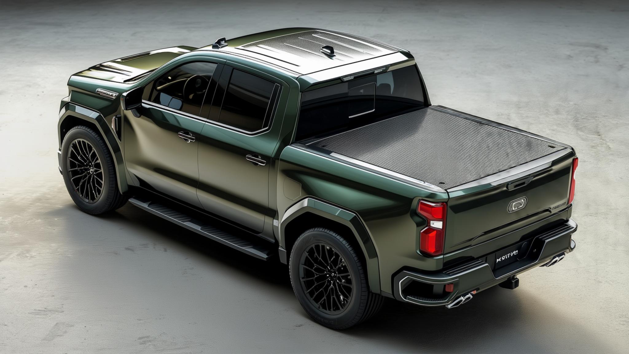 AI Image Generated by Luma Photon: The image showcases a rugged, modern pickup truck with a sleek, aggressive design. Its exterior is coated in a deep, matte green finish, complemented by a textured carbon fiber hood and roof. The vehicle's angular bodywork is highlighted by bold lines and an imposing stance. Soft natural light casts gentle shadows, enhancing the truck's profile while illuminating the glossy accents and wheel details. Set against a neutral concrete backdrop, the composition emphasizes the vehicle's features without distraction. The scene exudes a blend of power and sophistication, reminiscent of contemporary automotive photography styles. Focus on detailing, particularly the unique tail lights and functional design elements that underline the truck's capabilities.