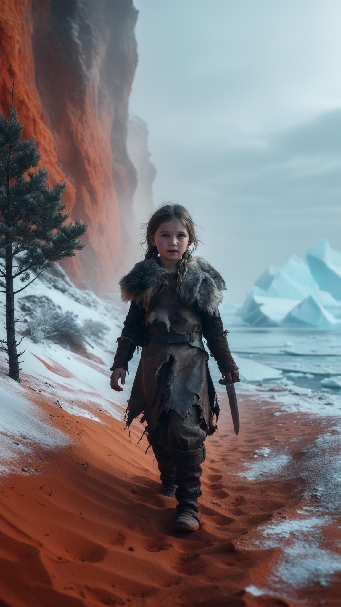 AI Image Generated by Luma Photon: A young girl walking in the snow, she is wearing tattered fur and leather medieval peasant clothes. Red sand on the ground, Martian looking orange cliff on the left, spruce tree, powder snow, frozen sea on the right, ice cap, photography, 8k, cinematic, volumetric lighting, fog, dust