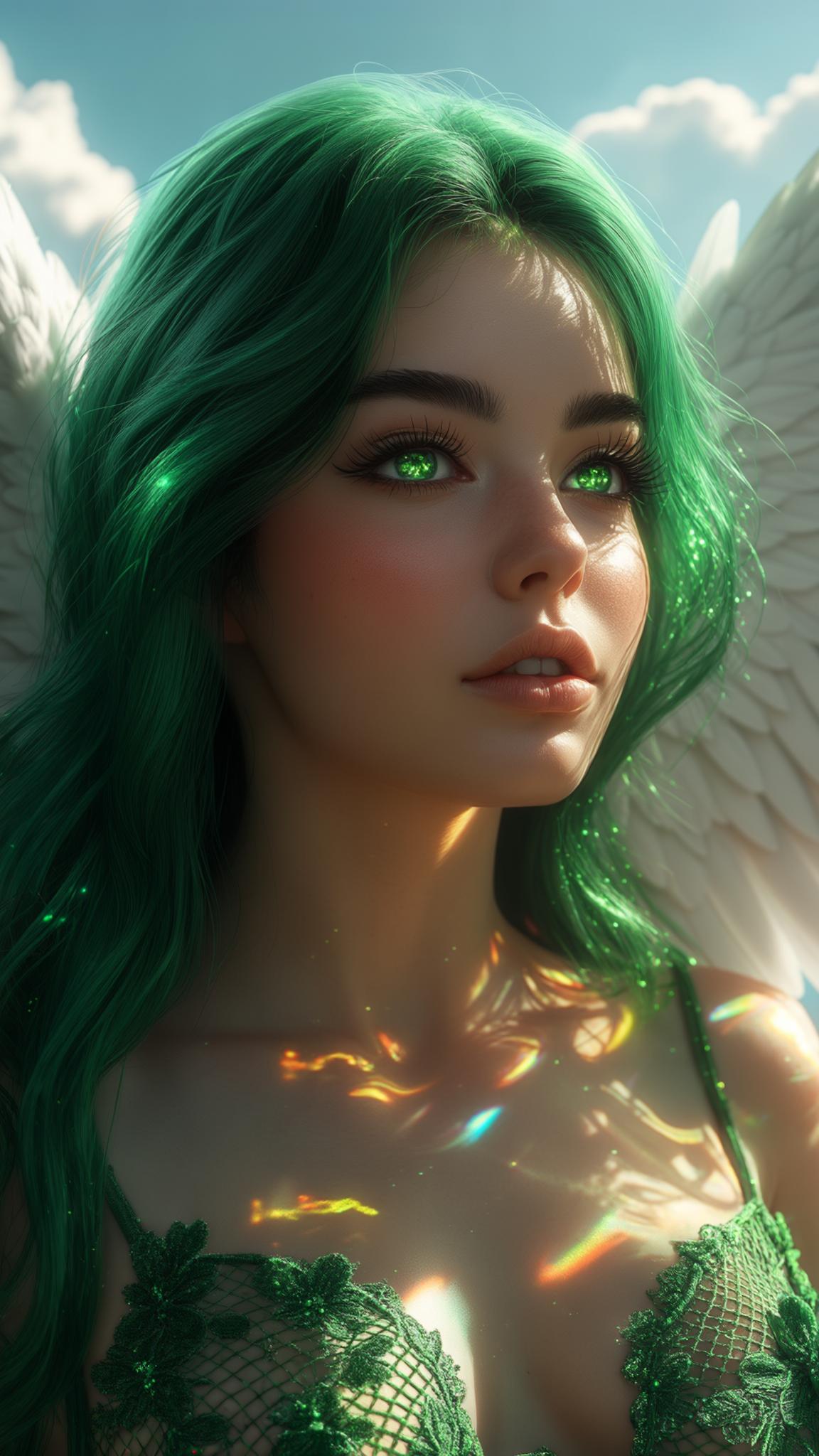 AI Image Generated by Luma Photon: A stunning close-up of a young woman with majestic white angel wings, her face illuminated by the golden mid-day sunlight. Her deep, enchanting green eyes shimmer with warmth and love, framed by long, fluttering lashes. Her flawless, luminous skin glows softly, accentuated by the gentle play of light and shadow. Her flowing green hair, vibrant and silky, cascades around her face, catching the light with ethereal highlights. She wears an intricate, netted floral outfit in green, elegantly revealing glimpses of her collarbone and shoulders. A faint 80s retro glow adds a dreamy, nostalgic touch, with soft neon reflections subtly outlining her face against the billowing clouds behind her. The hyper-realistic 8K rendering captures every detail—the delicate texture of her lips, the shimmer in her irises, and the feathered edges of her glowing wings. A slow-motion effect enhances her effortless beauty as she tilts her head slightly, her expression serene yet mesmerizing, like an angel stepping out of a dream into reality.
