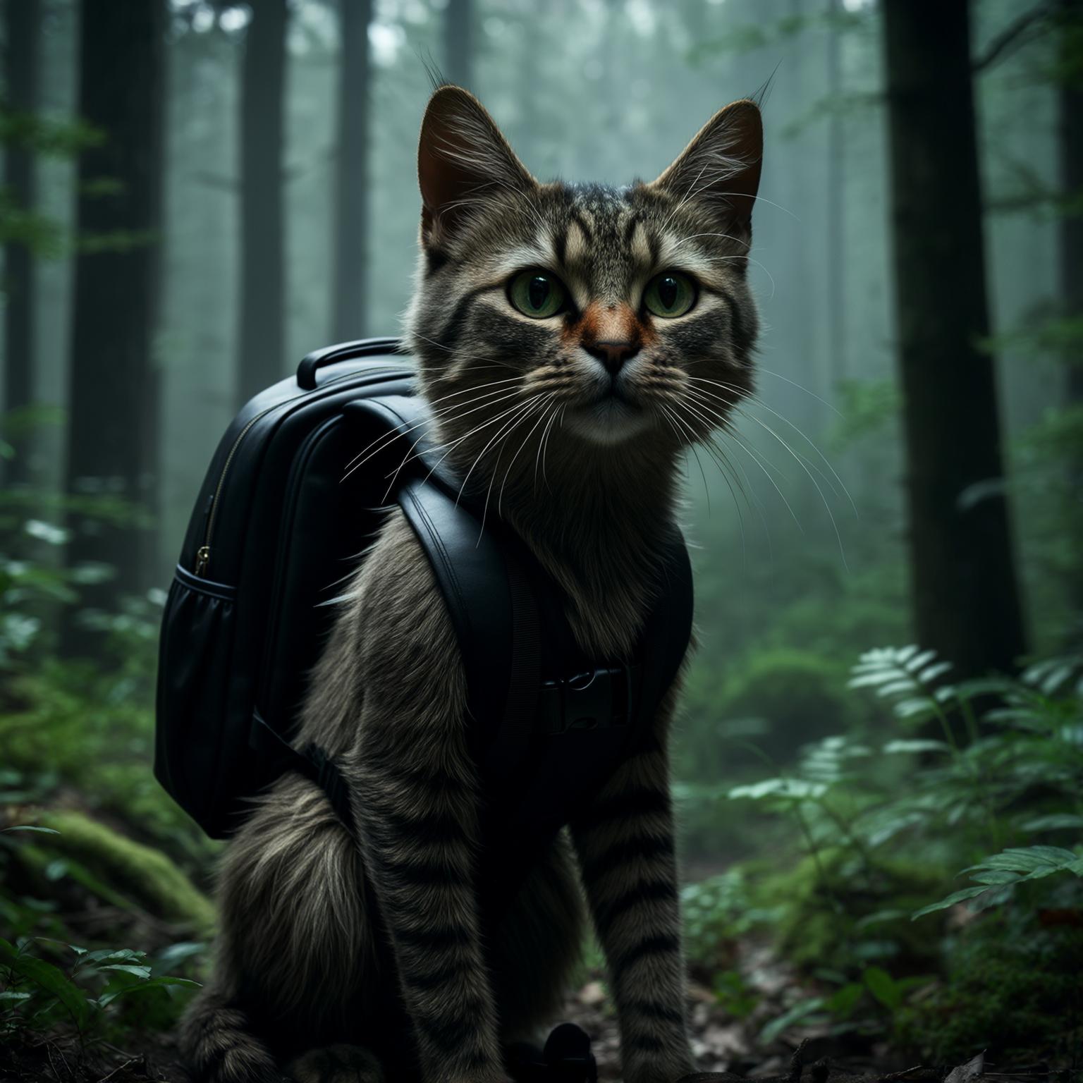 AI Image Generated by Luma Photon: Generate an image of a cat in the forest with a black backpack hiper realistic