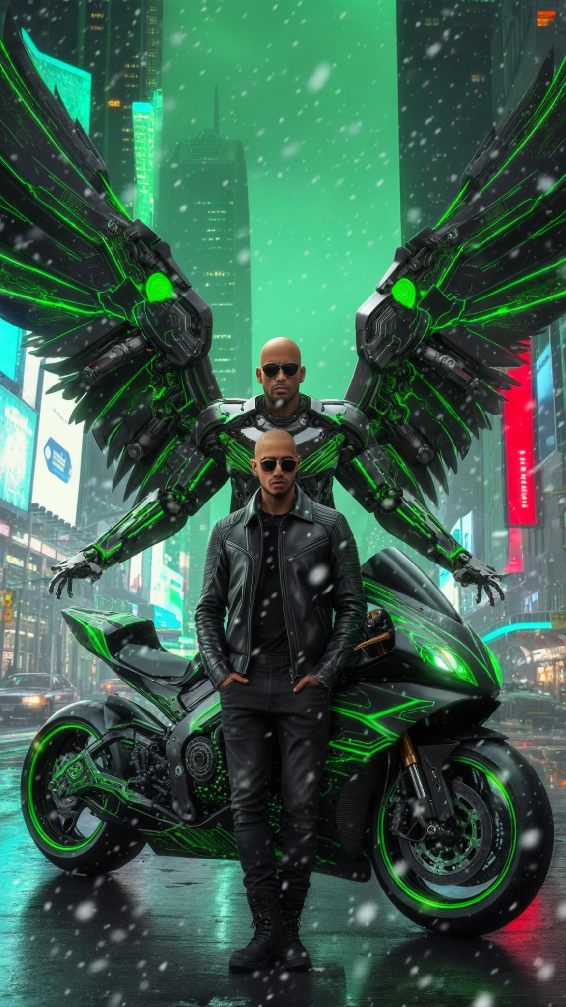 AI Image Generated by Luma Photon: A bald Dominican young man stands in the heart of a futuristic city, snowflakes drifting through the neon-lit skyline. Towering skyscrapers pulse with cybernetic energy, their holographic billboards flickering against a deep green sky. He wears a sleek black leather jacket, fitted black jeans, and heavy boots, his stance unwavering against the pre-dawn breeze. His polished sunglasses reflect the distant shimmer of patrol ships hovering above the metropolis.

Behind him, his massive cybernetic mecha wings are fully expanded—sleek black with vibrant green energy lines coursing through intricate mechanical joints. The wings pulse with raw power, their edges sharp and aerodynamic, humming with kinetic energy as arcs of white electricity crackle and dance across their surface.

He casually leans against his black-and-green mecha motorcycle, its aerodynamic frame glowing faintly with embedded circuitry. The camera captures him from a dramatic 45-degree angle, accentuating his imposing presence amidst the high-tech dystopia. The snowfall catches the neon light, creating a mesmerizing blend of motion and atmosphere, while the hum of the futuristic city thrums in the distance.