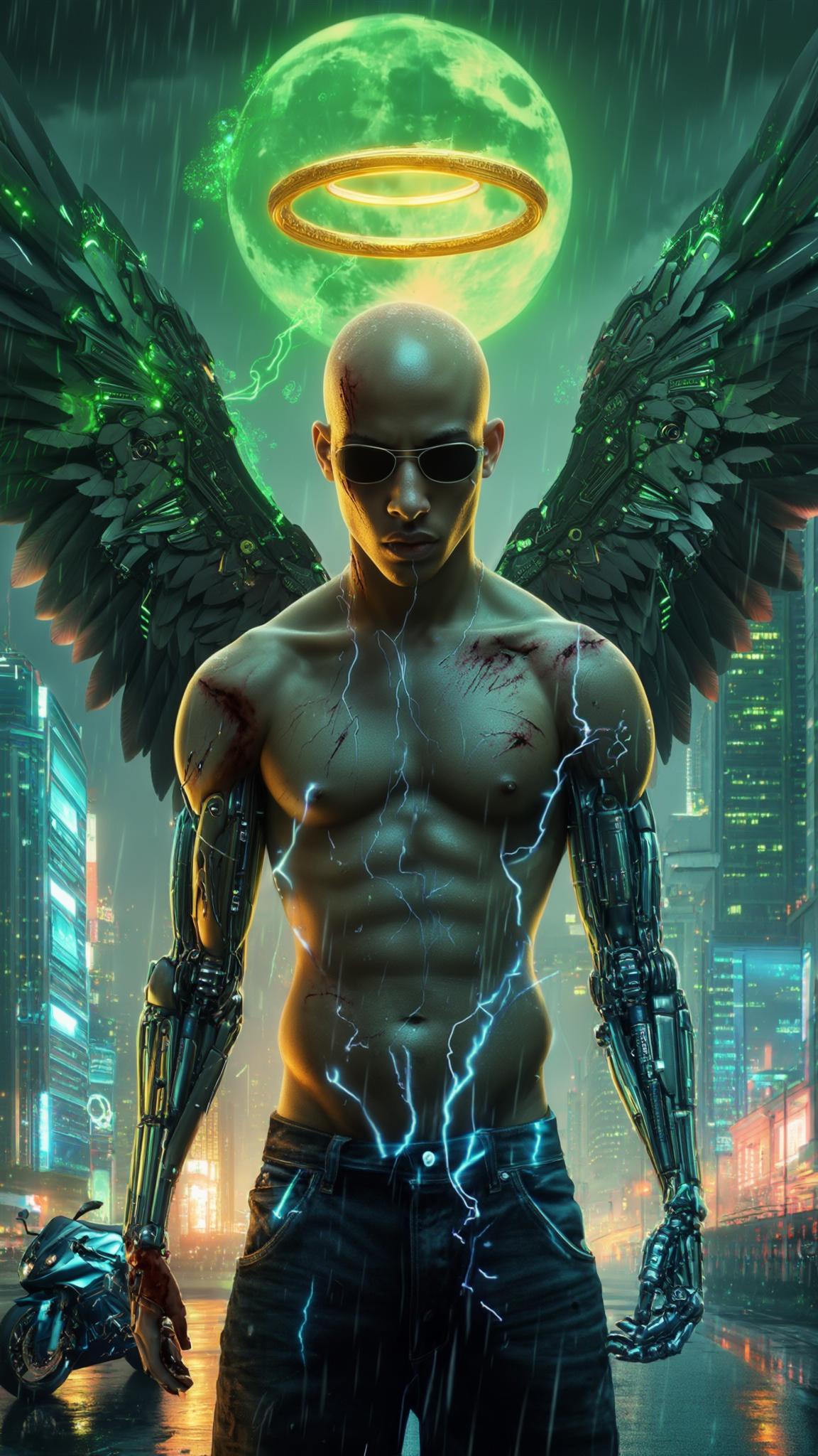 AI Image Generated by Luma Photon: A bald Dominican young man stands motionless at the heart of a sprawling futuristic cityscape, bathed in the neon glow of a cybernetic metropolis. Suspended above his head, a golden halo pulses gently, casting a celestial shimmer over his cybernetically enhanced face—deep scars etched into his skin, whispering untold battles of survival. A slow dolly shot closes in, revealing his sleek sunglasses resting low on his nose, exposing piercing, contemplative eyes locked onto his sleek, armored mecha motorcycle. Raindrops descend from the sky, sizzling upon contact with his cybernetic fingers, releasing tendrils of steam as faint arcs of blue electricity flicker across his metallic limbs. The air hums with the distant echoes of hovering patrol ships, their blinking lights scattering like stars in the glossy reflection of his open palm. Behind him, his massive mecha wings remain folded, pulsating with neon-green energy, their intricate mechanisms subtly shifting with each measured breath he takes. The cityscape is alive—holographic advertisements flicker across towering skyscrapers, while rain-soaked streets mirror the vibrant pulse of the skyline. The camera lingers in hyper-realistic 8K detail, capturing every rivulet of water running down his cheek, every micro-expression revealing the weight of destiny on his shoulders. Above, a massive green moon looms, its ethereal glow diffusing through the haze, casting an otherworldly ambiance over the scene. The world around him slows, as if time itself hesitates in his presence—a moment suspended between past and future, between action and inevitability.
