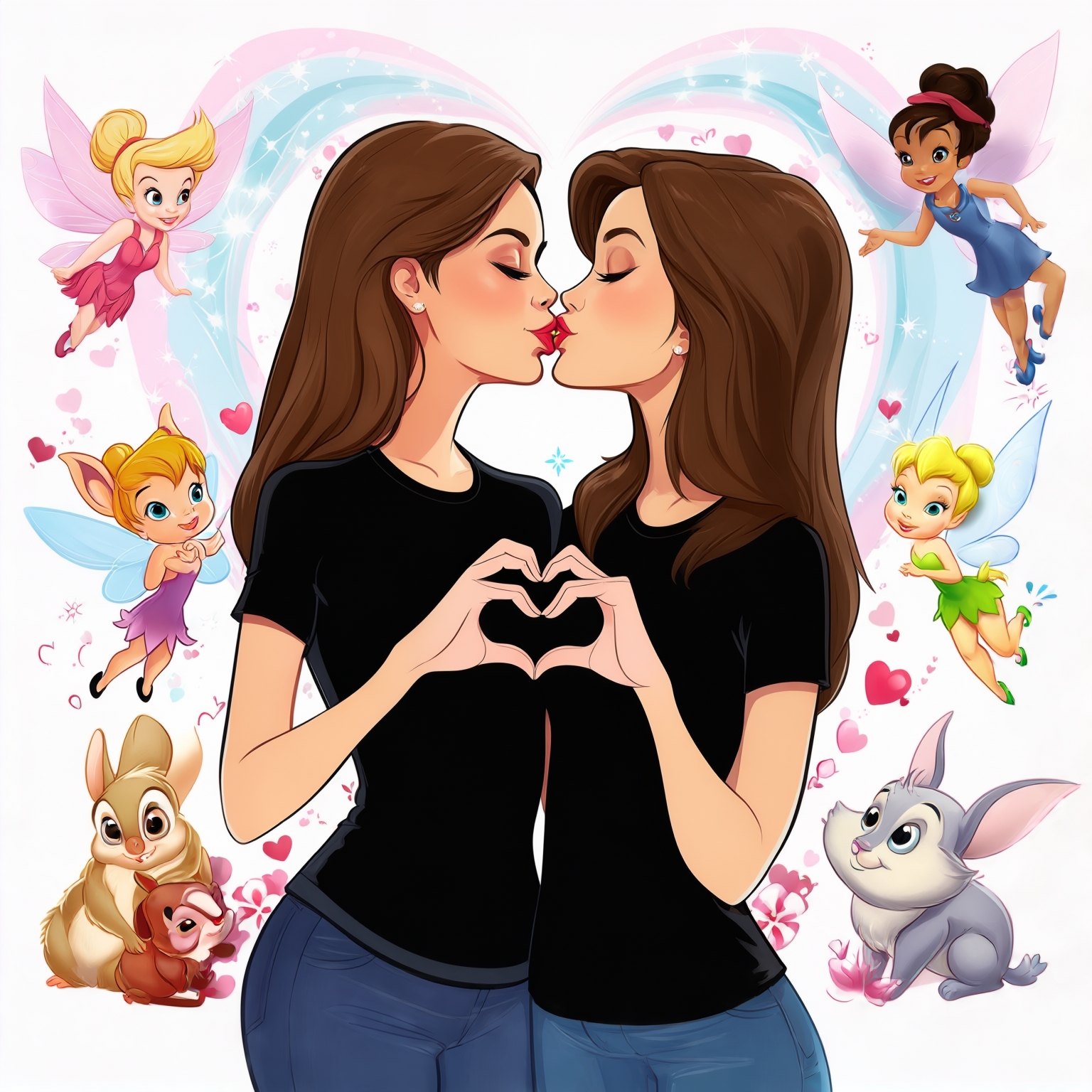 AI Image Generated by Luma Photon: Lesbiennes en t-shirt noir noe Fairy animal et  tinkerbell faire un cœur avc leur deux mains être amoureuse et resté amoureuse pour toujours et s'embrasser sur la bouche dessin drawing Disney cartoon 