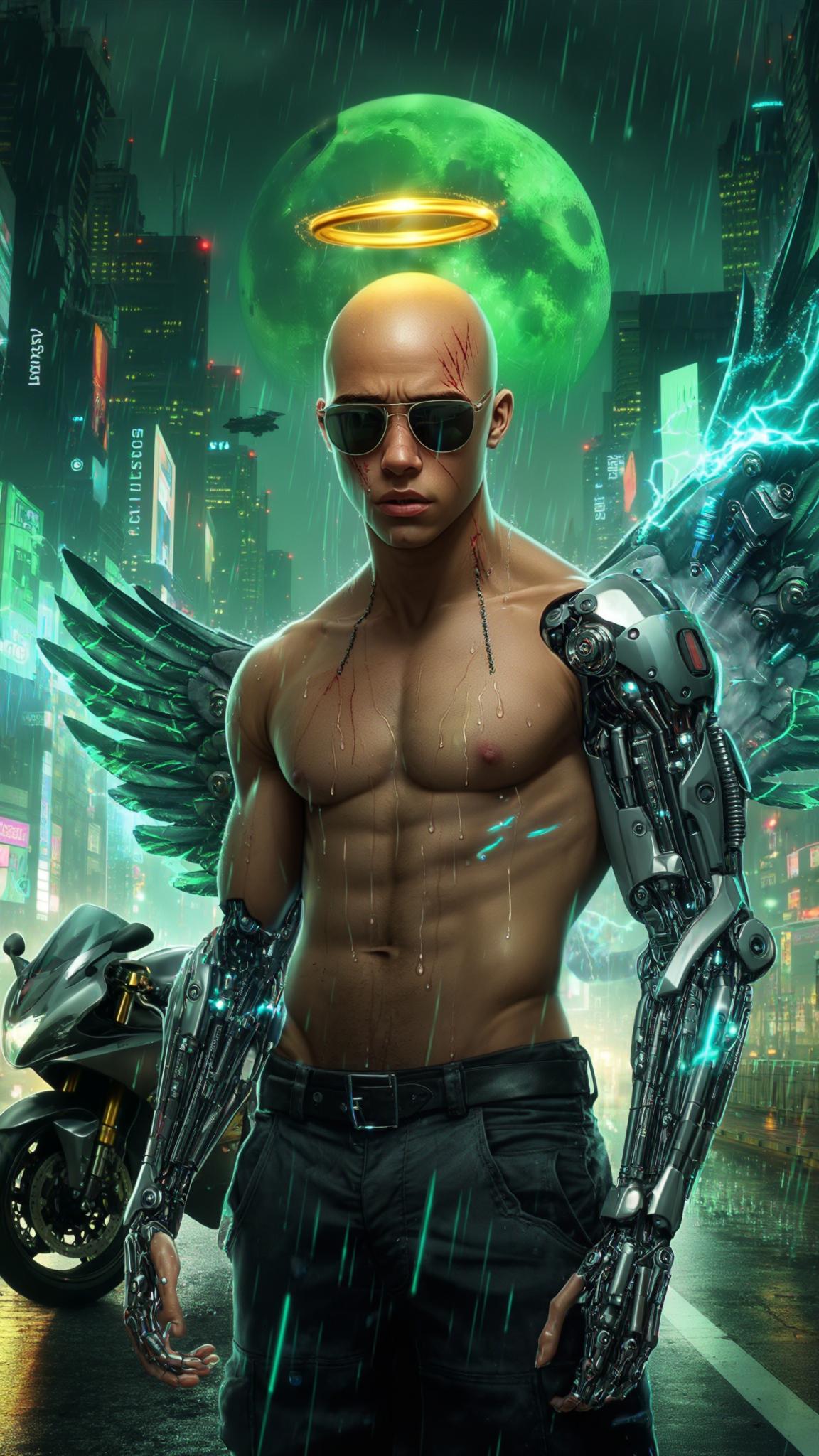 AI Image Generated by Luma Photon: A bald Dominican young man stands motionless at the heart of a sprawling futuristic cityscape, bathed in the neon glow of a cybernetic metropolis. Suspended above his head, a golden halo pulses gently, casting a celestial shimmer over his cybernetically enhanced face—deep scars etched into his skin, whispering untold battles of survival. A slow dolly shot closes in, revealing his sleek sunglasses resting low on his nose, exposing piercing, contemplative eyes locked onto his sleek, armored mecha motorcycle. Raindrops descend from the sky, sizzling upon contact with his cybernetic fingers, releasing tendrils of steam as faint arcs of blue electricity flicker across his metallic limbs. The air hums with the distant echoes of hovering patrol ships, their blinking lights scattering like stars in the glossy reflection of his open palm. Behind him, his massive mecha wings remain folded, pulsating with neon-green energy, their intricate mechanisms subtly shifting with each measured breath he takes. The cityscape is alive—holographic advertisements flicker across towering skyscrapers, while rain-soaked streets mirror the vibrant pulse of the skyline. The camera lingers in hyper-realistic 8K detail, capturing every rivulet of water running down his cheek, every micro-expression revealing the weight of destiny on his shoulders. Above, a massive green moon looms, its ethereal glow diffusing through the haze, casting an otherworldly ambiance over the scene. The world around him slows, as if time itself hesitates in his presence—a moment suspended between past and future, between action and inevitability. Unreal Engine Rendering 