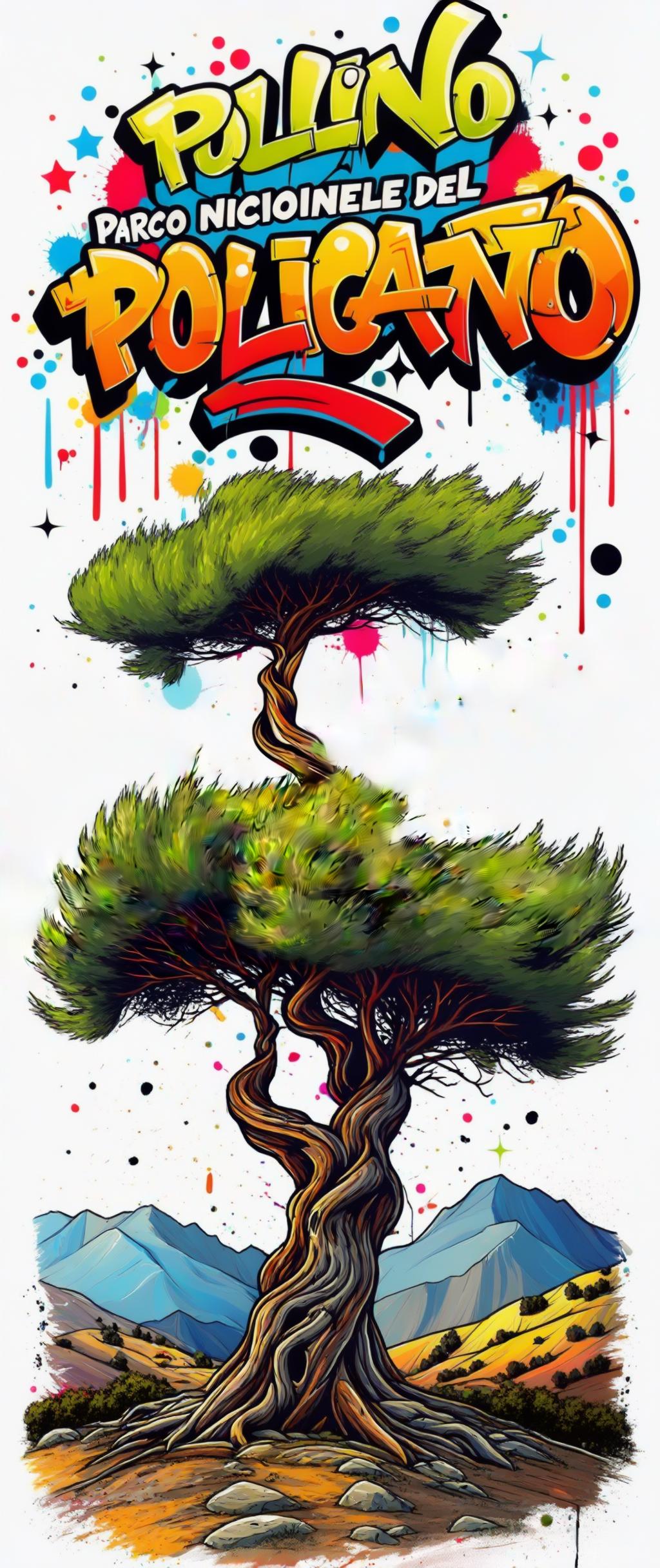 AI Image Generated by Luma Photon: Crea immagine A dynamic graffiti-style illustration for a T-shirt, featuring a Pino Loricato with its distinctive twisted trunk and windswept branches, rendered in bold, irregular lines that convey movement and energy. The tree is painted in vivid hues of exaggerated greens and browns, accented with splashes of red, yellow, and blue, along with graffiti effects like paint drips and sprays. The background showcases a simplified graffiti-style representation of Pollino National Park's mountainous landscape, while above the tree, the text "Parco Nazionale del Pollino" appears in bold, punk-style letters with a variety of bright colors. Small stars, dots, and abstract shapes are scattered throughout to add texture and visual interest, creating an eye-catching and energetic design.