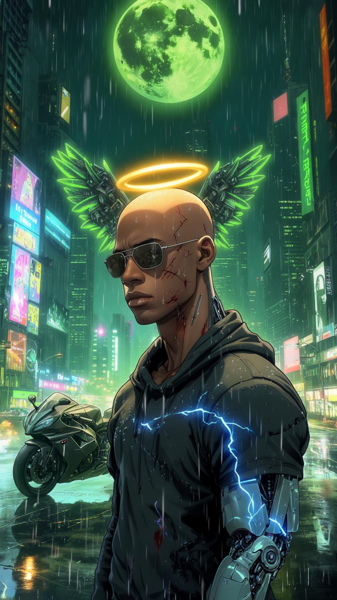 AI Image Generated by Luma Photon: A bald Dominican young man stands motionless at the heart of a sprawling futuristic cityscape, bathed in the neon glow of a cybernetic metropolis. Suspended above his head, a golden halo pulses gently, casting a celestial shimmer over his cybernetically enhanced face—deep scars etched into his skin, whispering untold battles of survival. A slow dolly shot closes in, revealing his sleek sunglasses resting low on his nose, exposing piercing, contemplative eyes locked onto his sleek, armored mecha motorcycle. Raindrops descend from the sky, sizzling upon contact with his cybernetic fingers, releasing tendrils of steam as faint arcs of blue electricity flicker across his metallic limbs. The air hums with the distant echoes of hovering patrol ships, their blinking lights scattering like stars in the glossy reflection of his open palm. Behind him, his massive mecha wings remain folded, pulsating with neon-green energy, their intricate mechanisms subtly shifting with each measured breath he takes. The cityscape is alive—holographic advertisements flicker across towering skyscrapers, while rain-soaked streets mirror the vibrant pulse of the skyline. The camera lingers in hyper-realistic 8K detail, capturing every rivulet of water running down his cheek, every micro-expression revealing the weight of destiny on his shoulders. Above, a massive green moon looms, its ethereal glow diffusing through the haze, casting an otherworldly ambiance over the scene. The world around him slows, as if time itself hesitates in his presence—a moment suspended between past and future, between action and inevitability. Unreal Engine Rendering 
