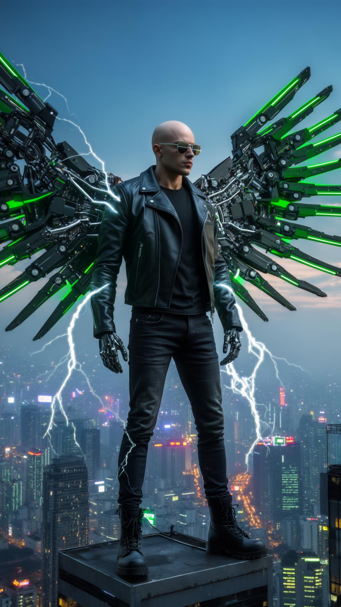 AI Image Generated by Luma Photon: A bald Dominican young man stands atop a towering skyscraper in a sprawling futuristic cityscape, the neon glow of cybernetic advancements illuminating the skyline. He wears a black leather jacket, black jeans, and heavy black boots, his stance unwavering against the pre-dawn breeze. His sleek sunglasses reflect the distant shimmer of autonomous drones patrolling the metropolis. Attached to his back are two massive cybernetic mecha wings, colored in sleek black and vibrant green, their intricate mechanisms pulsating with energy. White electricity crackles around his form, arcing across his enhanced frame like a living storm, showcasing the raw power of his cybernetic augmentations. The camera is pointed at a 45-degree angle close up shot, capturing the grandeur of the city beneath—a neon-lit urban sprawl stretching to the horizon. The sky is a deep blue, tinged with the first hints of dawn, casting an ethereal glow against the reflective surfaces of towering skyscrapers. As he spreads his mechanical wings, they unfurl with a mechanical hiss, each articulated joint gleaming under the soft, ambient city lights. The scene holds a sense of anticipation, a moment frozen in time before an imminent leap into the unknown. A cybernetic warrior, standing at the edge of technology’s pinnacle, overlooking a future yet to unfold. Hyper Realistic 8K generation, Unreal Engine Quality. 