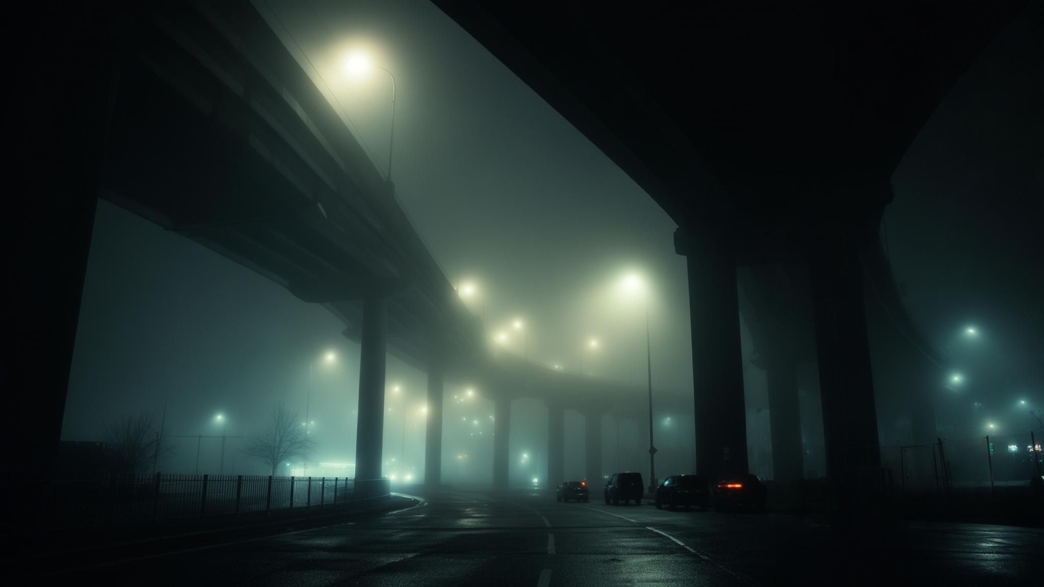AI Image Generated by Luma Photon: 夜晚隐藏在浓雾中的高架桥