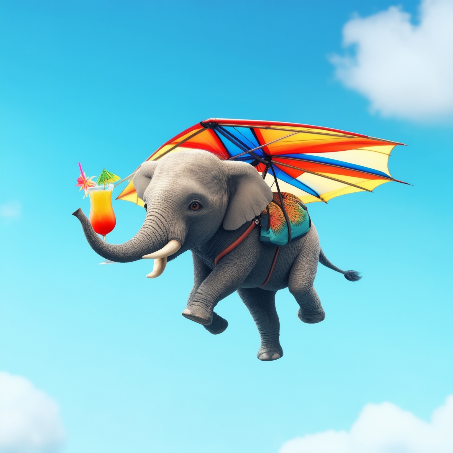 AI Image Generated by Luma Photon:  a tiny elephant flying a hang glider while drinking a mai tai