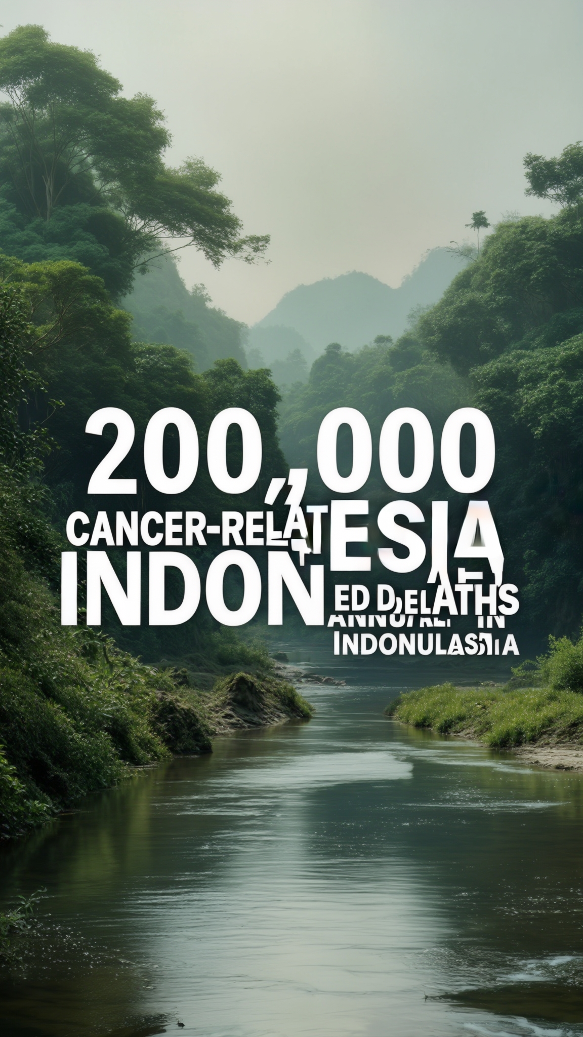 AI Image Generated by Luma Photon: 200,000 cancer-related deaths annually in Indonesia spelled in text, bold impactful letters, calm nature background