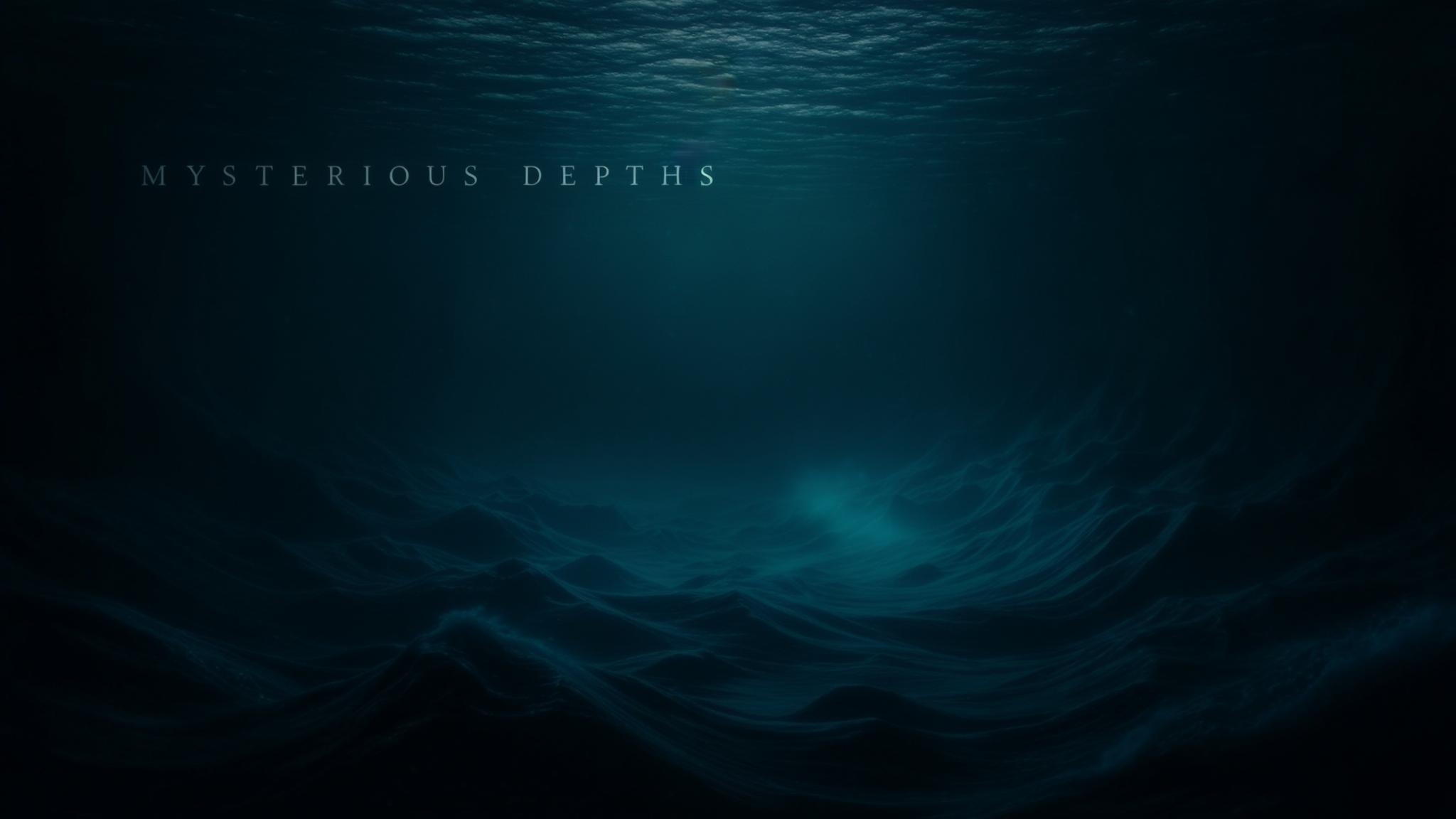 AI Image Generated by Luma Photon: A cinematic underwater stock photo capturing the haunting stillness beneath a vast, stormy ocean shrouded in total darkness—enormous shadowy waves loom overhead as the camera drifts through cold, ancient depths—lit only by a faint, ghostly blue glow pulsing from below, casting soft, eerie highlights on the shifting currents; composed with a deep perspective and shallow depth of field, the image is graded in cool, film-like tones that evoke a sense of primordial mystery and silent, unseen forces stirring in the abyss.