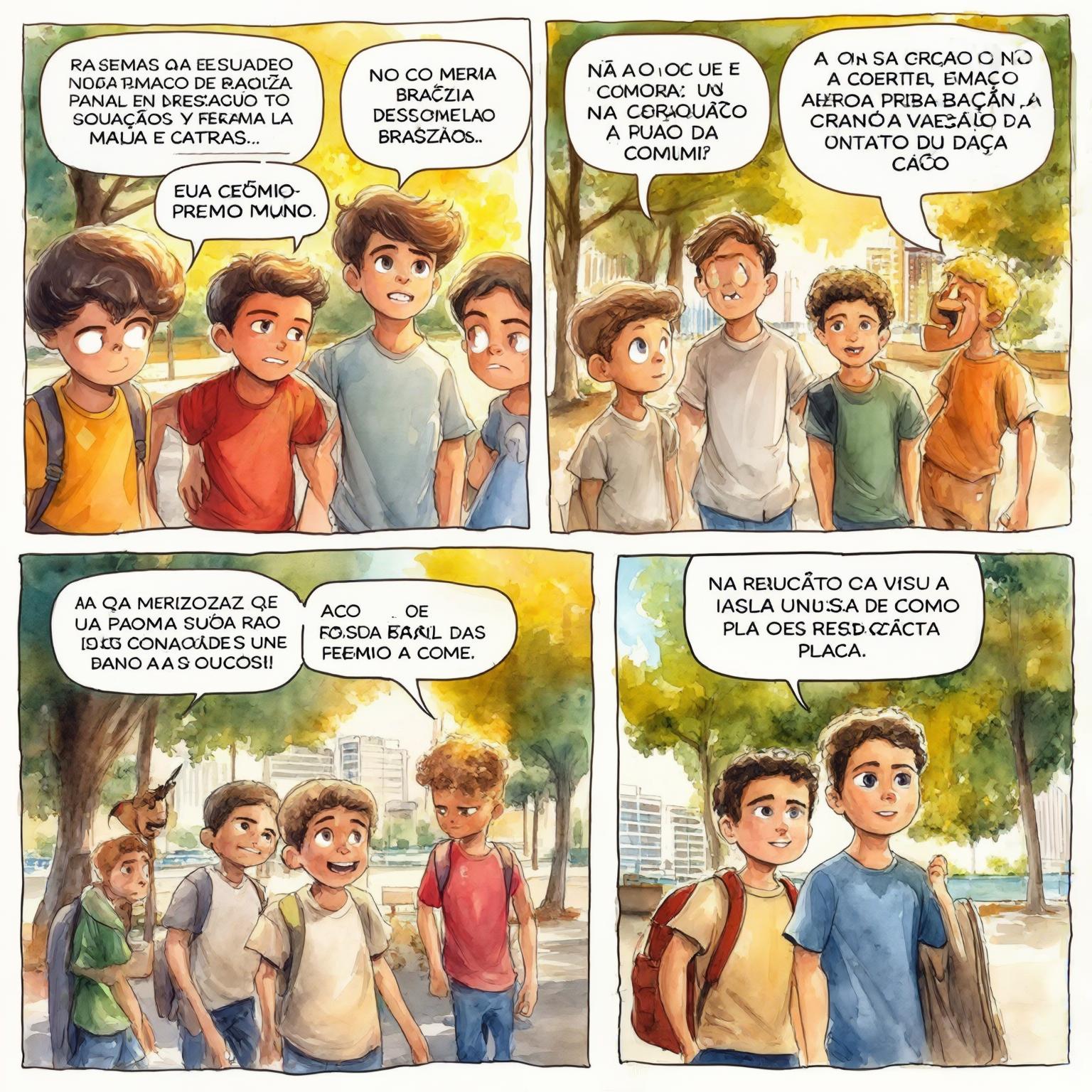 AI Image Generated by Luma Photon: crie uma imagem de uma tirinha da Turma da Mônica com falas onde os meninos criam um plano infalivel e tentam pegar o sansão