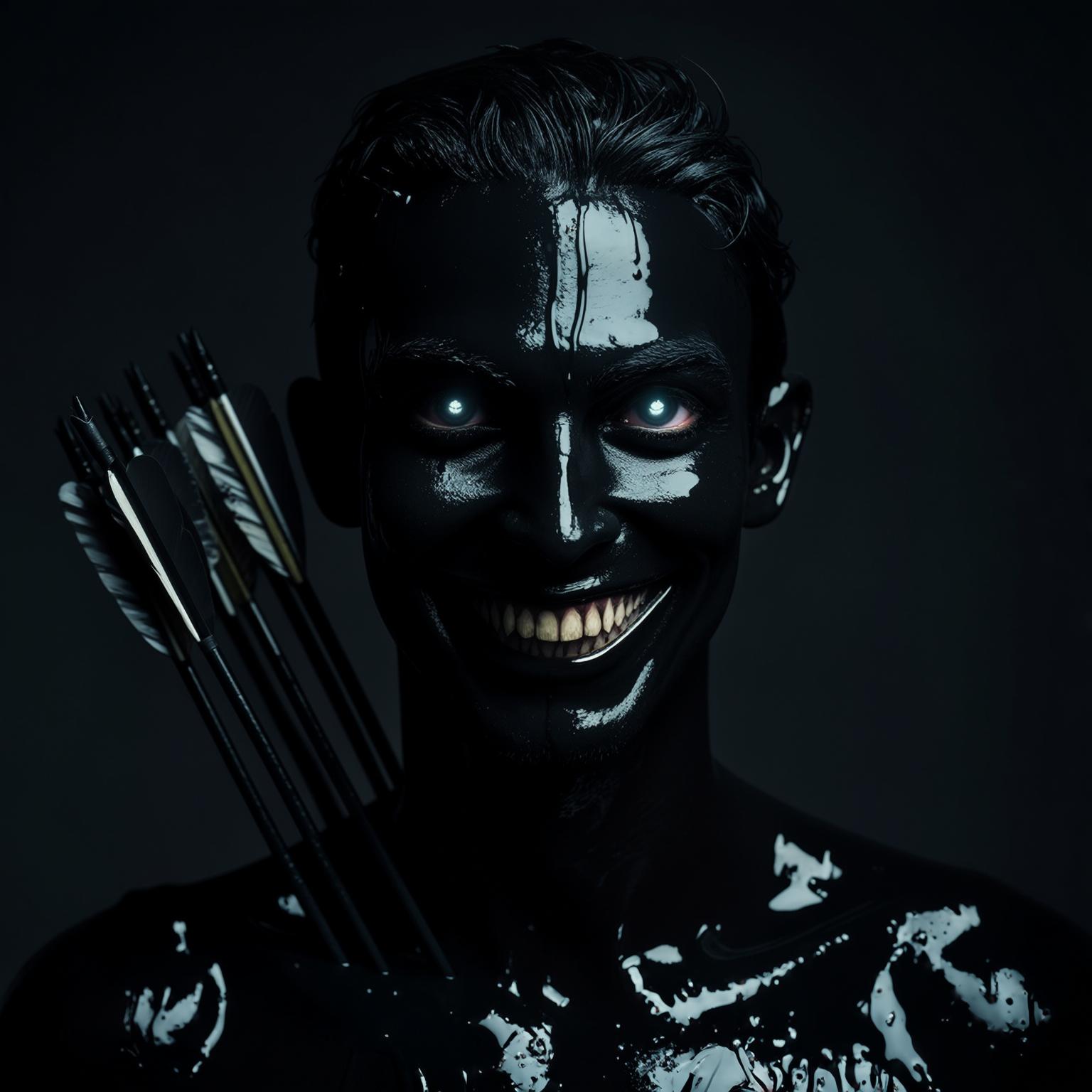 AI Image Generated by Luma Photon: A dark, cinematic portrait of a mysterious person with a sinister, evil smile, half-submerged in thick, pitch-black ink or water. The environment is surreal and moody, with soft, eerie lighting highlighting the glistening surface of the liquid. The person is slowly and calmly removing arrows from their body, one by one, showing no pain—only satisfaction. Each removed arrow leaves behind a faint glow or dark mist instead of blood. The person's eyes glimmer with a cold, malevolent light. Their expression is serene yet haunting. The background is minimalistic, emphasizing the contrast between shadow and dim highlights. Dramatic lighting, ultra-realistic details, hyper-detailed facial features, cinematic atmosphere. Perfect for a powerful, symbolic profile picture