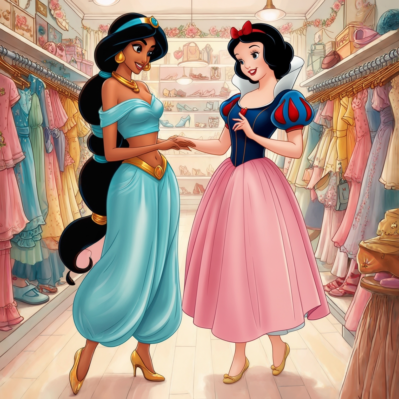 AI Image Generated by Luma Photon: Two lesbians princess jasmine dressed in princess Daisy and princess snow white dressed in princess Peach Nintendo and shopping clothe drawing Disney 1937s 