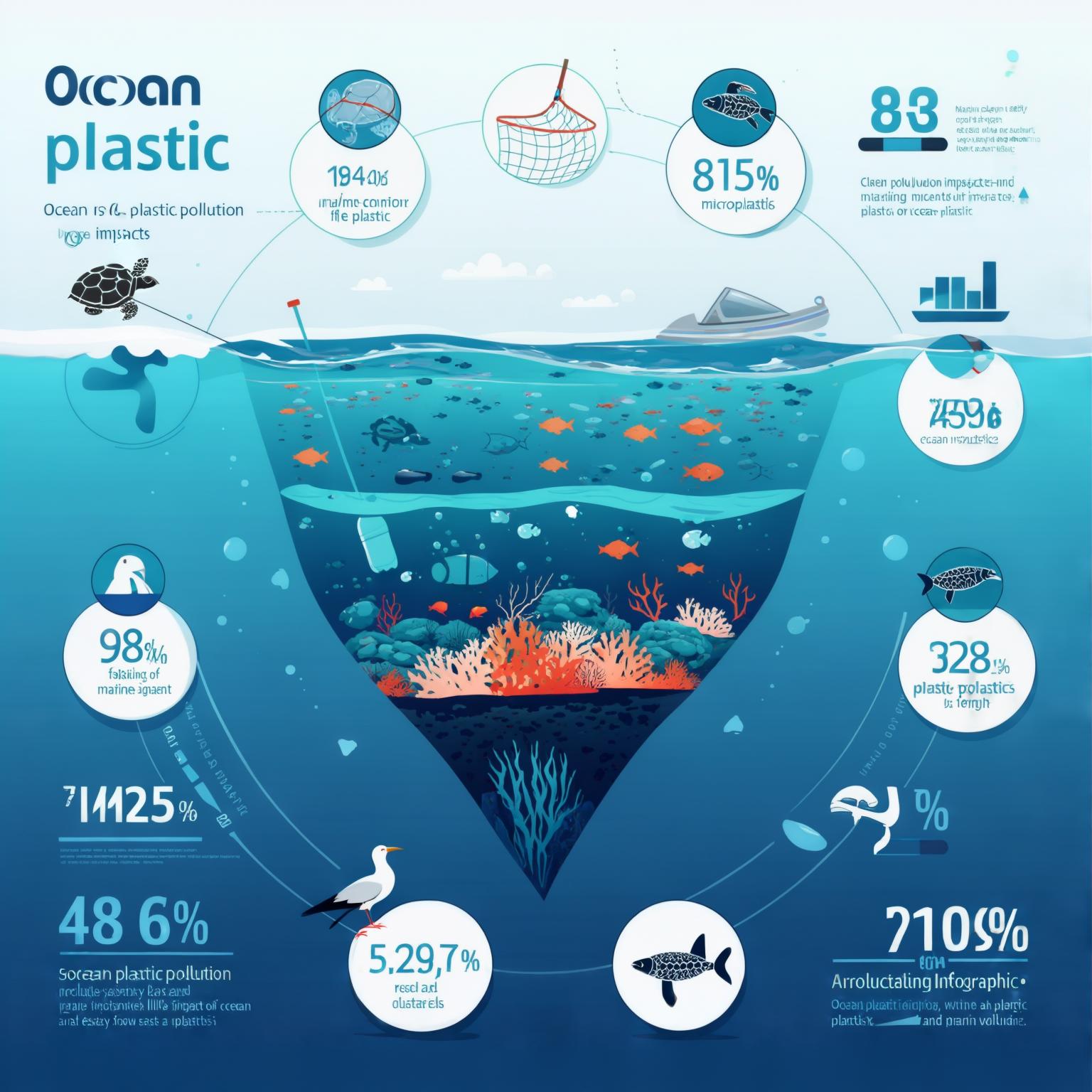 AI Image Generated by Luma Photon: Create an infographic detailing the impacts of ocean plastic pollution, using icons and statistics to highlight key impacts on marine life and ecosystems. Masterpiece. HD details. best quality