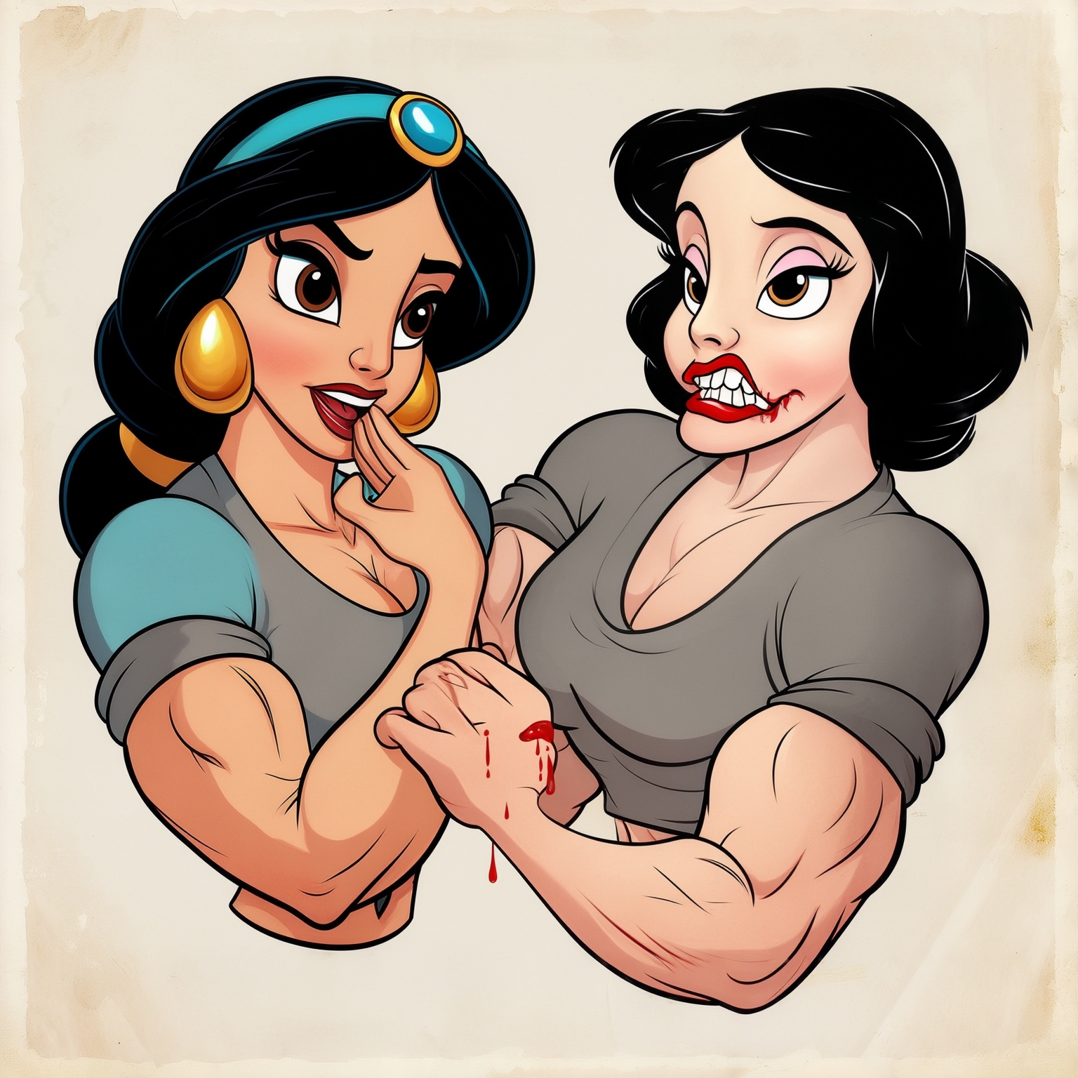 AI Image Generated by Luma Photon: lesbians in t-shirts gray princess jasmine being super muscular Monster nice ogress biting the forearm princess snow white super muscular monster nice ogress blood on the forearm that both drawing Disney cartoon 1937s