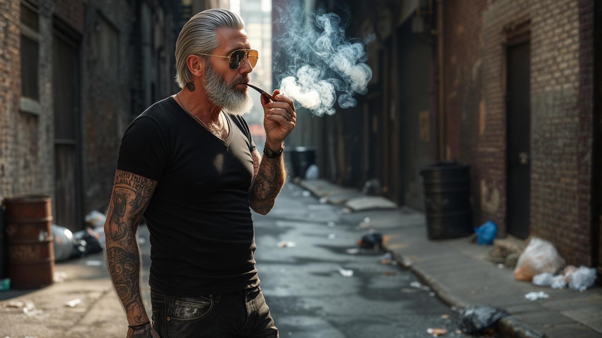 AI Image Generated by Luma Photon: a hyper-realistic older white man with silver slicked-back hair and a full gray beard, detailed skin texture with visible pores, light facial wrinkles, slight beard stubble, wearing reflective aviator sunglasses with realistic reflections, a fitted black t-shirt with subtle fabric wrinkles and stretching around the chest and shoulders, realistic black jeans with faded seams and creases, full sleeve tattoos with visible skin texture underneath, relaxed asymmetrical standing posture with one hand slightly forward and the other loose, worn leather boots, smoking a pipe with realistic smoke dispersion, set in a gritty urban alleyway with aged brick walls, scattered trash, and slightly wet pavement, cinematic natural sunlight casting uneven shadows, shallow depth of field, DSLR 85mm lens photorealistic editorial style
