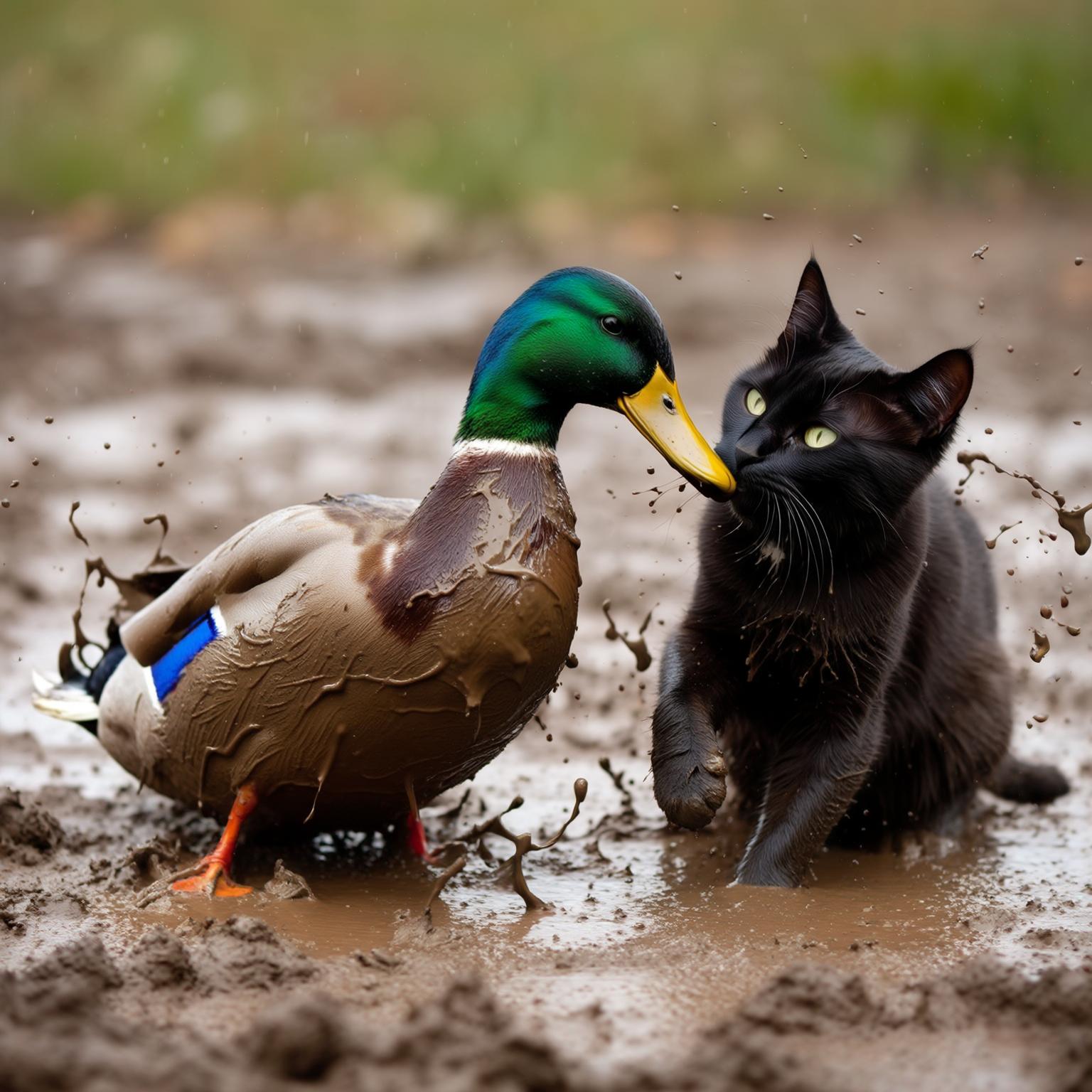 AI Image Generated by Luma Photon: Realistic photo of a green and yellow duck playing with a black cat in the mud
