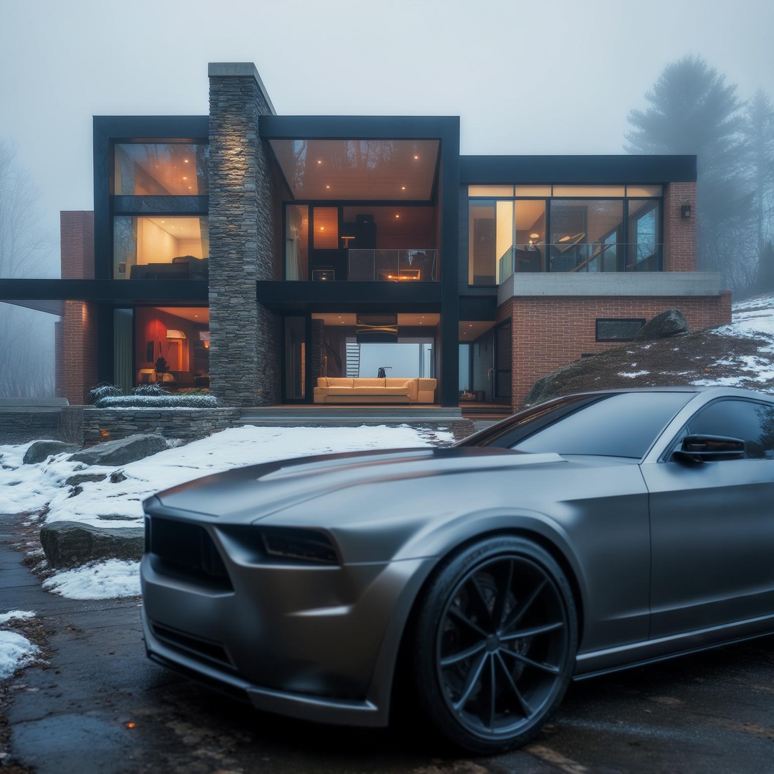 AI Image Generated by Luma Photon: professional commercial studio photography. A modern house made of glass, metal, concrete, and prominent brick elements, featuring a natural stone composition resembling modern art. Both the exterior and interior are visible, with large windows showing stylish, open spaces. A large, unpainted car is in the foreground, with a close-up focus on its metallic surface. The scene is set in a winter environment, with snow, fog, and high humidity, creating a cold, atmospheric mood. HDR