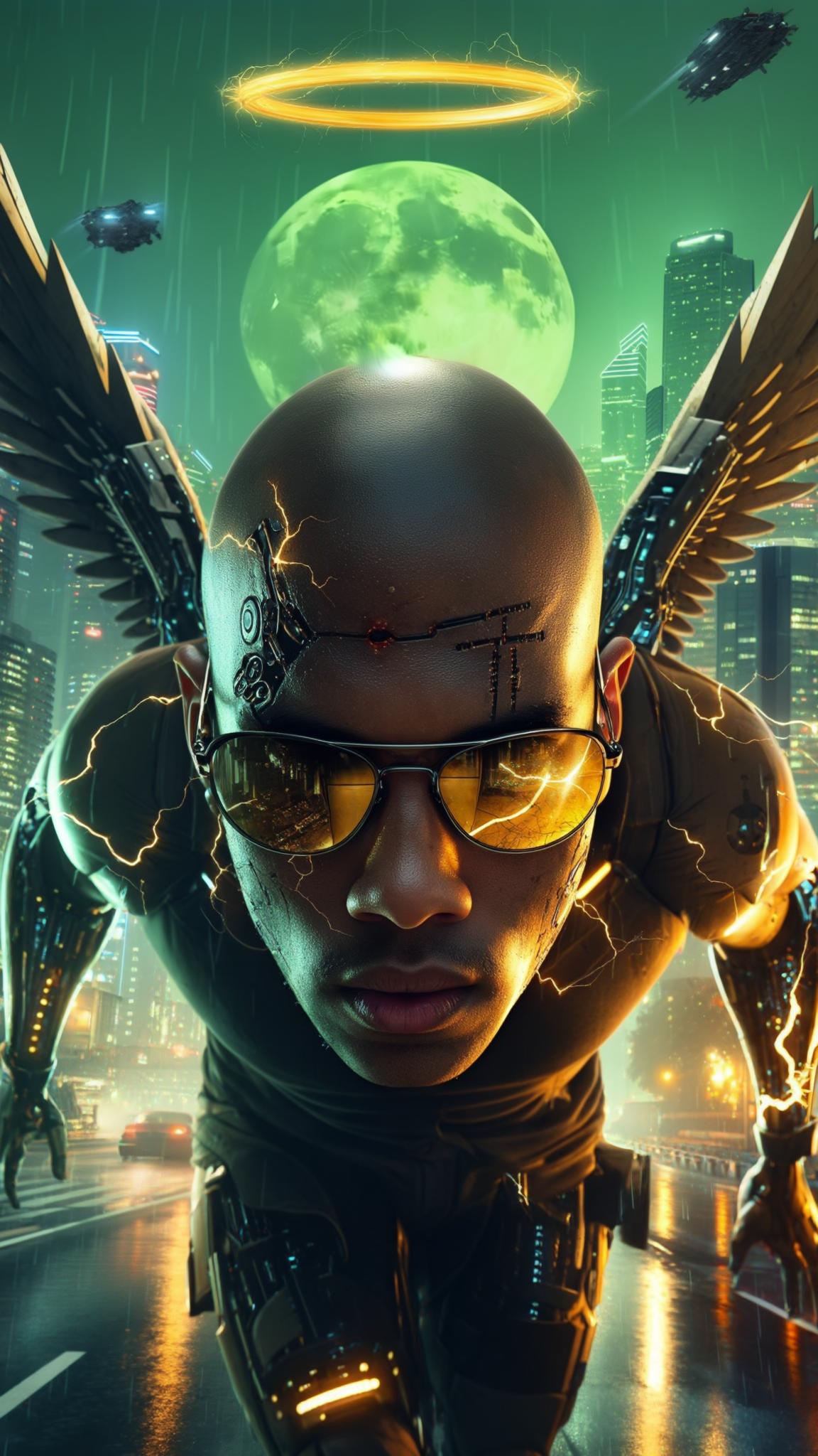 AI Image Generated by Luma Photon: A cinematic close-up captures the intense expression of a bald Dominican young man as he strides forward through the neon-lit streets of a sprawling futuristic city. His cybernetically enhanced face is illuminated by the golden glow of a floating halo above his head, casting soft light over deep, battle-worn scars etched into his skin. The camera lingers on his sharp features, revealing the intricate details of his augmentation—sleek metallic implants subtly integrated into his temples, the faint flicker of data streams pulsing beneath the surface. His sleek sunglasses reflect the towering skyscrapers and hovering patrol ships overhead, their lights flashing in rhythmic patterns. As he moves, electricity crackles across his cybernetic arms and massive Gundam-style mecha wings, surging in jagged arcs that dance across his frame like a living current. The rain-slicked pavement beneath him mirrors the neon skyline, distorting into abstract reflections of movement and power. The camera maintains its tight focus as he walks, the slow motion of his breath visible in the cold pre-dawn air. A massive green moon looms behind him, casting an eerie glow over the cityscape. Rendered in hyper-realistic 8K with Unreal Engine-quality visuals, every scar, every flicker of energy, and every detail of his war-hardened presence is captured with stunning clarity, immersing the viewer in his unstoppable journey forward.