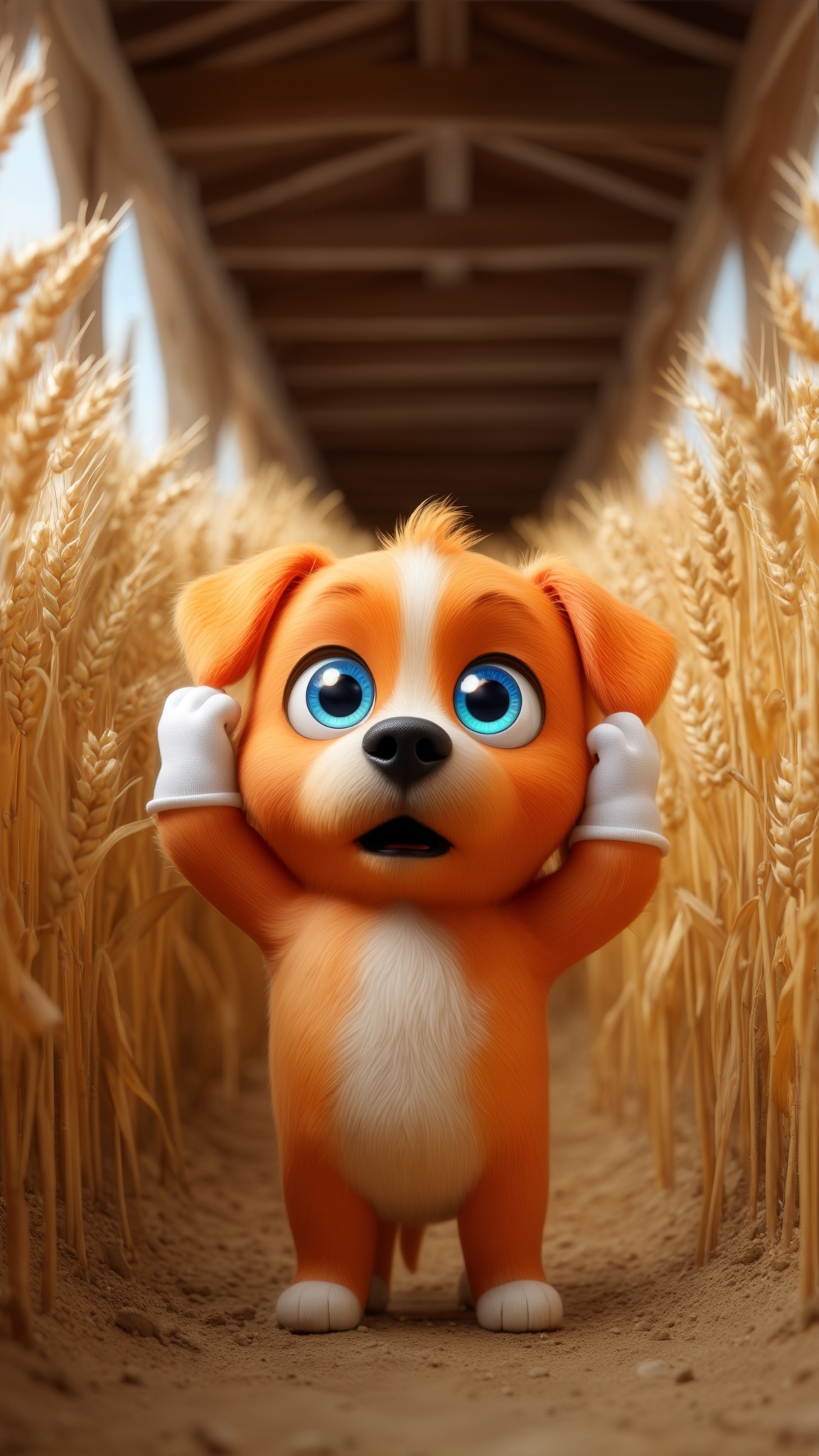 AI Image Generated by Luma Photon: Stylized 3D rendering of a cute dog character with bright orange fur and big blue eyes, small black nose, wearing white gloves. The character in a wheat field corridor with a wooden ceiling structure, looking surprised with both hands on its head. Soft, natural lighting creates a warm and inviting atmosphere, enhancing the character's friendly expression. The scene features a harmonious blend of warm tones and gentle shadows, emphasizing the character's playful and surprised demeanor.