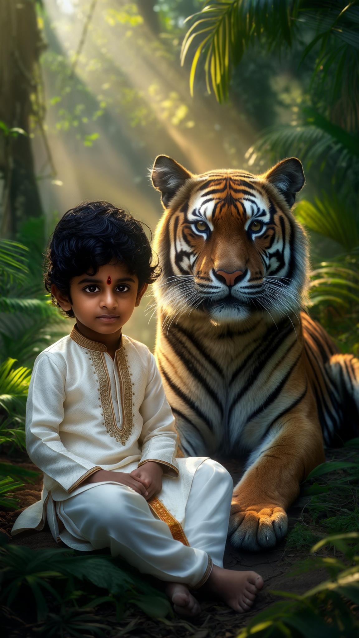 AI Image Generated by Luma Photon: 3-year-old Indian boy with dark eyes and curly black hair, wearing a traditional kurta, sitting next to a majestic Bengal tiger in a lush green jungle. Sunlight filters through the trees, casting a golden glow