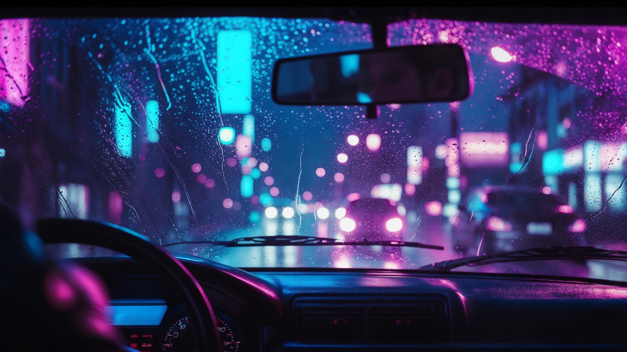 AI Image Generated by Luma Photon: Inside a car at night, looking through the windshield at a neon-lit city street, raindrops on the glass, blue and purple neon reflections, blurred city lights, retro futuristic mood, synthwave style, pov view, dashboard,