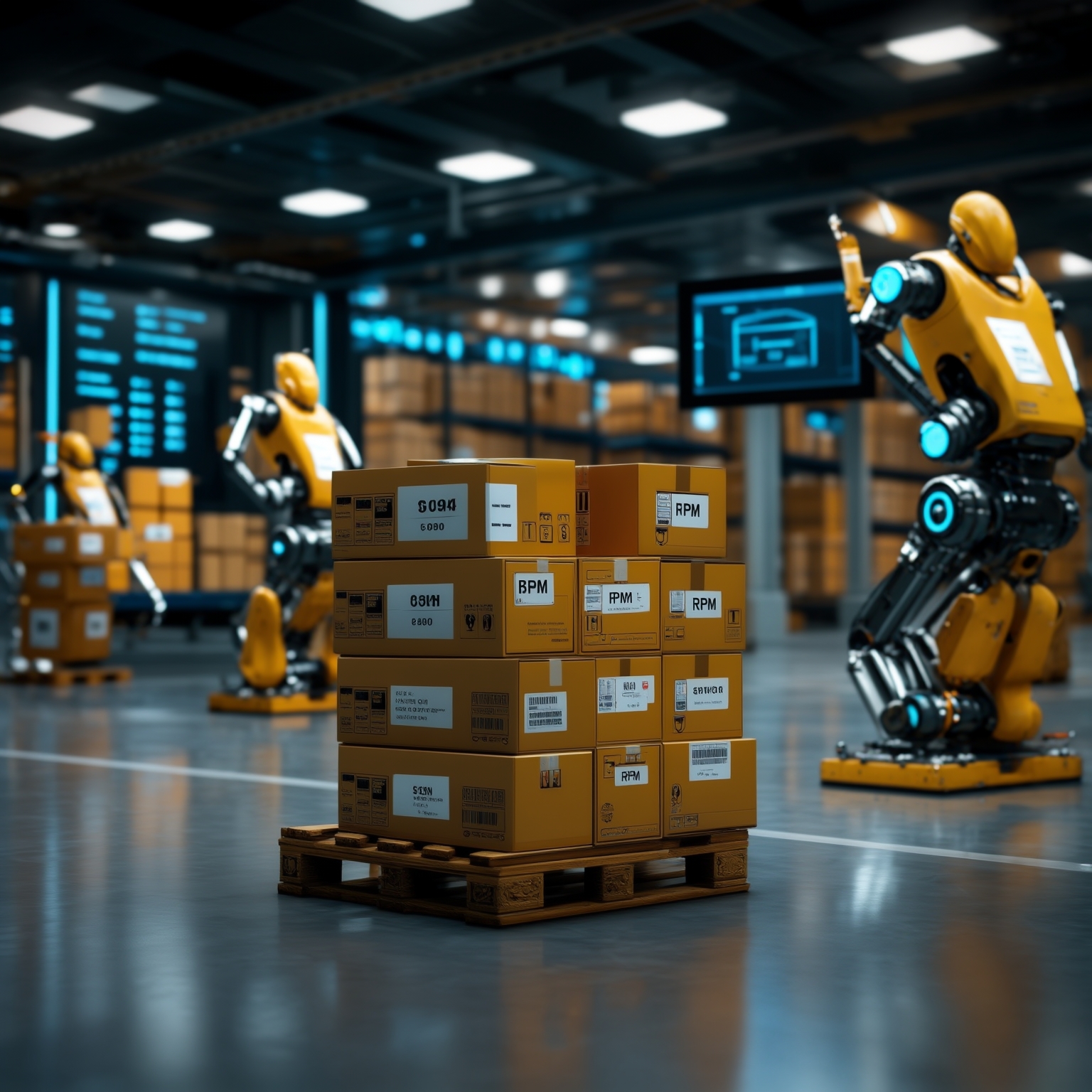 AI Image Generated by Luma Photon: a robotic warehouse preparing pallets of RPM packages and the associated shipping manifests