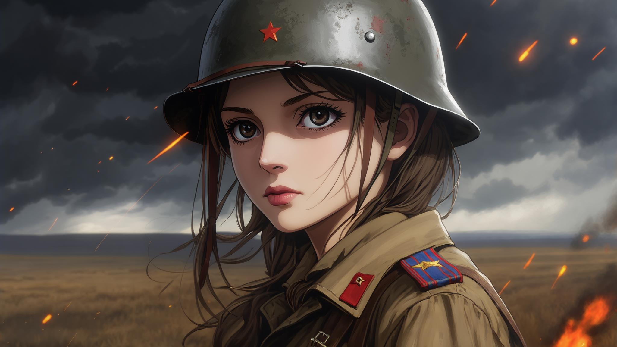 AI Image Generated by Luma Photon: Girl, anime, serious face, steppes, bad weather, fire sparks, anime, acrylic, soviet uniform, ww2, beautiful face, kawaii, side view, steel helmet