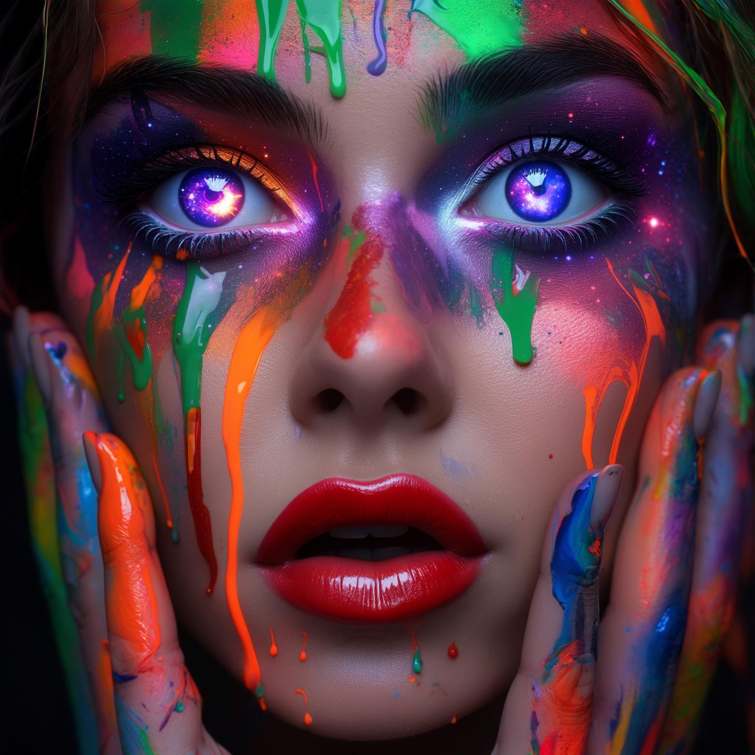 AI Image Generated by Luma Photon: A surreal, expressive digital painting of a female face in close-up, vividly colored in dripping neon paint strokes. Her wide, luminous eyes are filled with galaxies and stardust, glowing in shades of violet, orange, and electric blue. Her makeup and skin are overlaid with multicolored, fluid paint textures—bright greens, reds, blues, purples, oranges, and yellows—melting and blending like a psychedelic waterfall. She gazes intensely at the viewer with emotion, her full lips glossy red, with paint dripping down her chin.

Her fingers, also covered in multicolored liquid paint, press against her cheeks, emphasizing the sense of surreal expressionism. The background is dark, making the colors pop even more dramatically. The overall aesthetic is a fusion of pop art, graffiti, and cosmic fantasy with hyper-saturated tones and fluid motion.