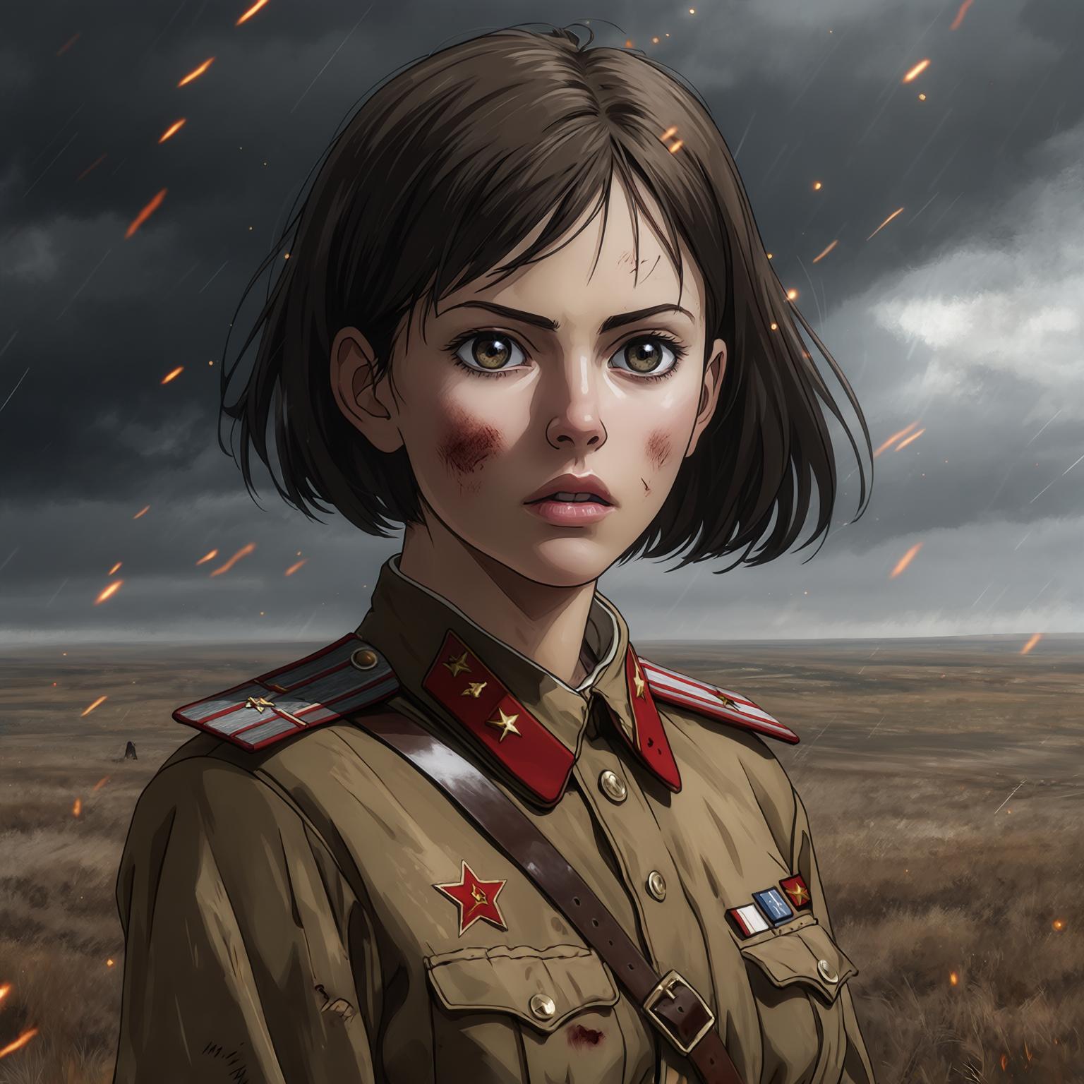 AI Image Generated by Luma Photon: Girl, anime, serious face, steppes, bad weather, fire sparks, anime, acrylic, soviet uniform, ww2, beautiful face, kawaii 