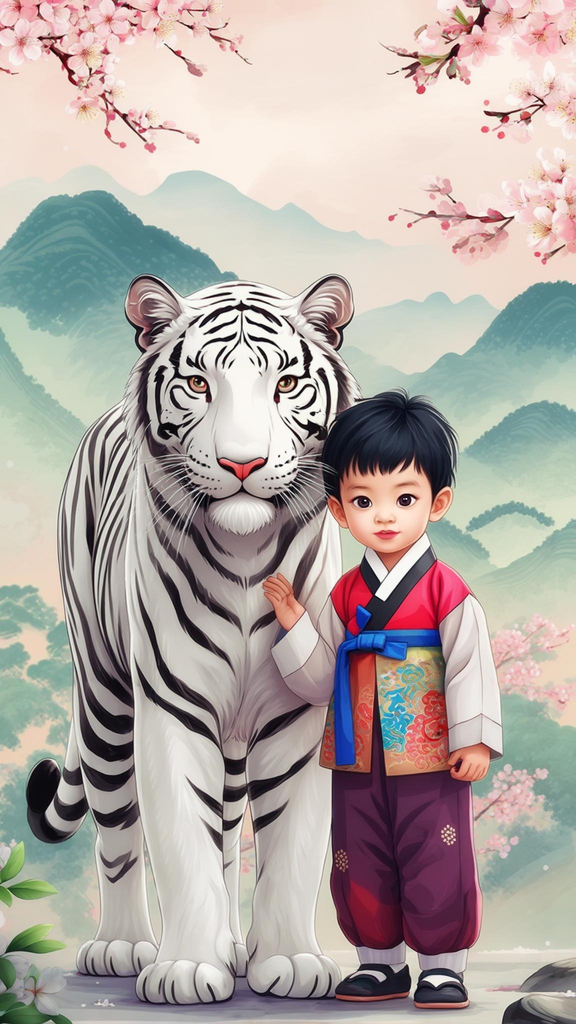 AI Image Generated by Luma Photon: 3-year-old Korean boy wearing a traditional hanbok, standing confidently next to a majestic white tiger. The boy has short black hair, bright eyes, and a curious expression. The background features a beautiful Korean landscape with cherry blossoms and mountains