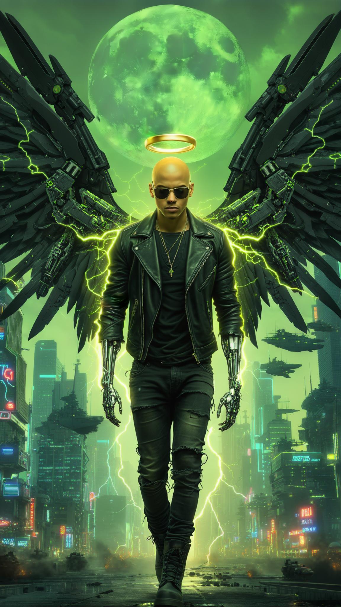 AI Image Generated by Luma Photon: A cinematic 45-degree camera shot captures a bald Dominican young man stepping forward with effortless confidence in the heart of a sprawling futuristic cityscape. A glowing halo hovers above his head, casting a golden shimmer onto his cybernetically enhanced face. He wears a tattered black leather jacket, fitted black jeans, and heavy boots, his cybernetic arms flexing under the pulsing neon lights. The pre-dawn air hums with the distant roar of patrolling ships, their reflections streaking across his sleek sunglasses. Attached to his back, two colossal Gundam-style cybernetic mecha wings unfurl, a fusion of sleek black alloy and pulsating neon green energy, their intricate mechanisms shifting with a mechanical hiss. Electricity courses through his body, arcing in jagged streaks across his limbs and wings like a living storm, crackling with raw power as he moves. The camera tracks his deliberate steps, shifting to capture the sheer scale of the metropolis—towering skyscrapers lined with shifting holograms, neon signs flickering in hypnotic rhythm. A massive green moon looms directly behind him, bathing the entire skyline in an ethereal glow. Rendered in hyper-realistic 8K with Unreal Engine-quality visuals, every detail—from the scuffed leather of his jacket to the intricate energy surges along his cybernetic frame—creates a striking fusion of power and destiny. As he strides forward, the air itself seems charged, the world bending to the force of his presence.