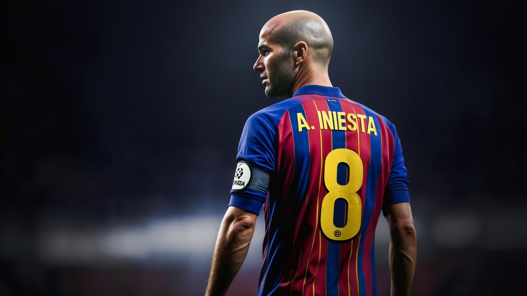 AI Image Generated by Luma Photon: "A bald male soccer player wearing a blue and red striped jersey with the number 8 and the name 'A. Iniesta' on the back. He is seen from behind, looking to the side, with a captain's armband on his left arm. The background is dark and blurred, giving a dramatic spotlight effect."
