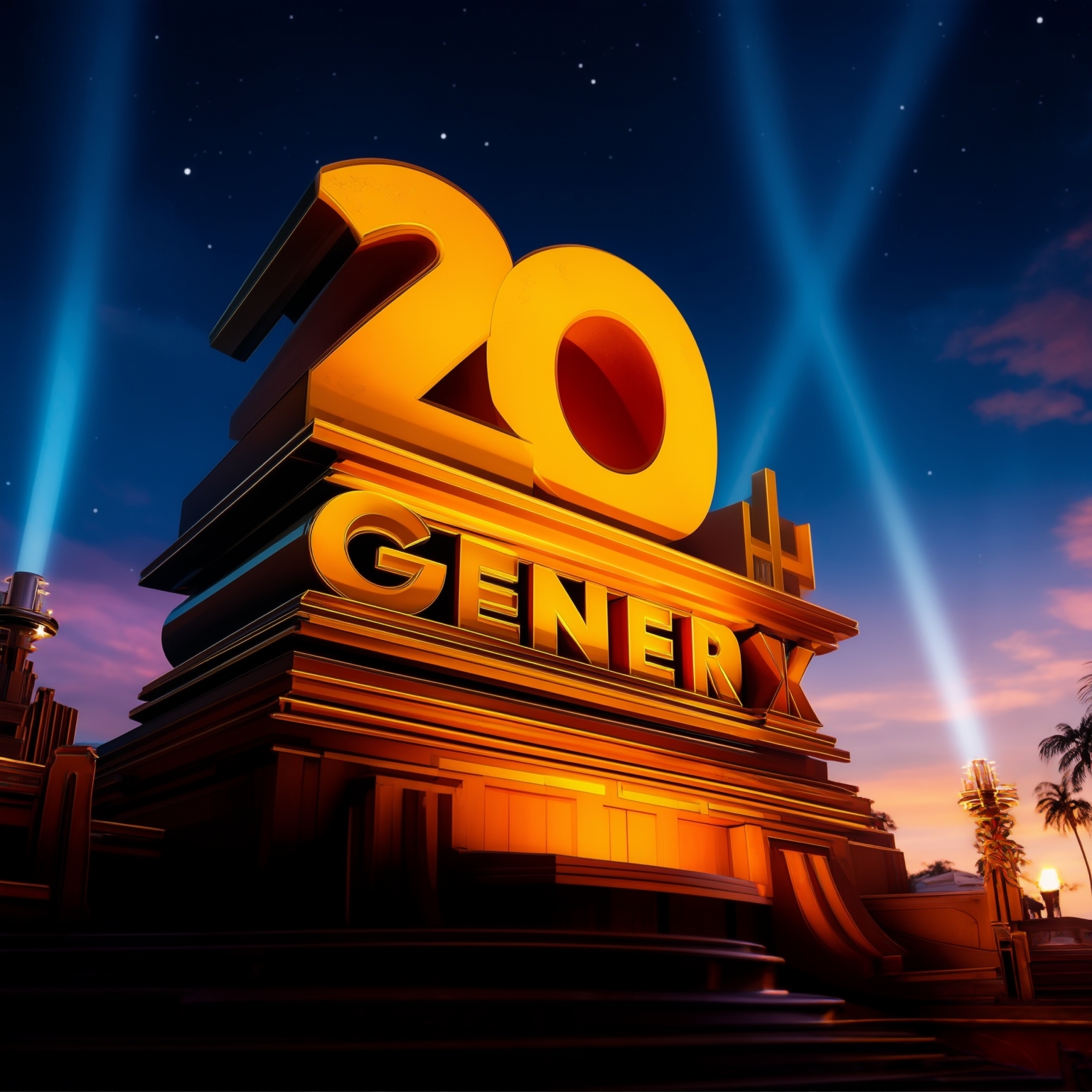 AI Image Generated by Luma Photon: 3D render of a 20th century style film company logo atop a monumental architectural structure, illuminated by dramatic lighting against a dark sky spattered with twilight stars. The structure is crafted from large metal letters forming the phrase '20th Century FOX', and features vivid detailing indicative of 1994 craftsmanship and design.