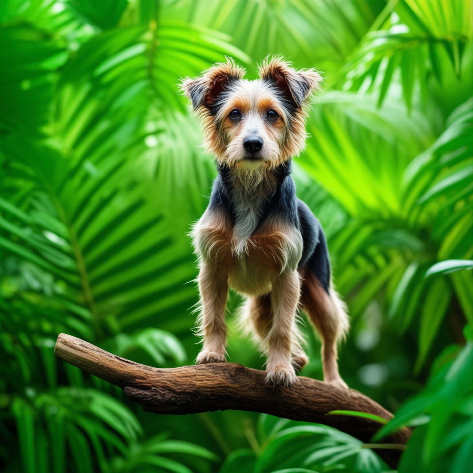 AI Image Generated by Luma Photon: Colorful dog perched on a branch surrounded by lush green tropical foliage, with soft natural lighting highlighting its vibrant skin.