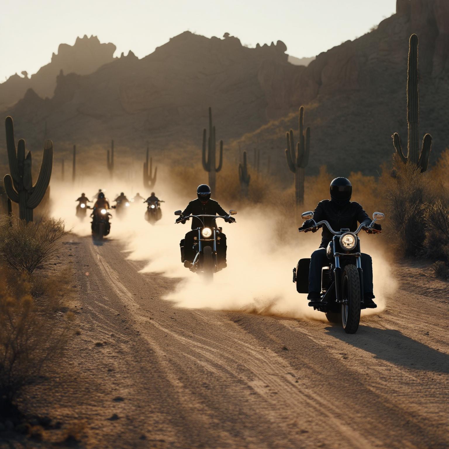 AI Image Generated by Luma Photon: Motorcycles in the desert road driving down the dirt road. 