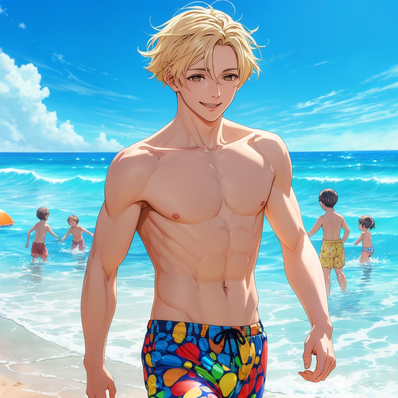 AI Image Generated by Luma Photon: A realistic anime-style depiction of Armin Arlert from Attack on Titan, walking confidently on a sunny beach. He is wearing a colorful swimsuit, evoking a fun and playful summer vibe. His blonde hair flows slightly in the ocean breeze. The background features a bright blue sky, ocean waves, and children playing happily in the water. The scene is vibrant, with a warm summer atmosphere and soft sand beneath his feet
