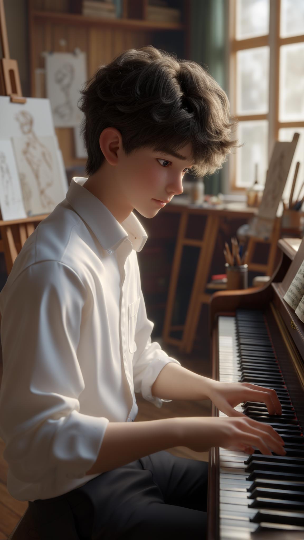 AI Image Generated by Luma Photon: 3D rendering style, no text, single face of the character, centered on the left and right. Male student playing piano in the piano room, with a strong artistic atmosphere, wearing a white shirt, senior high school art student image