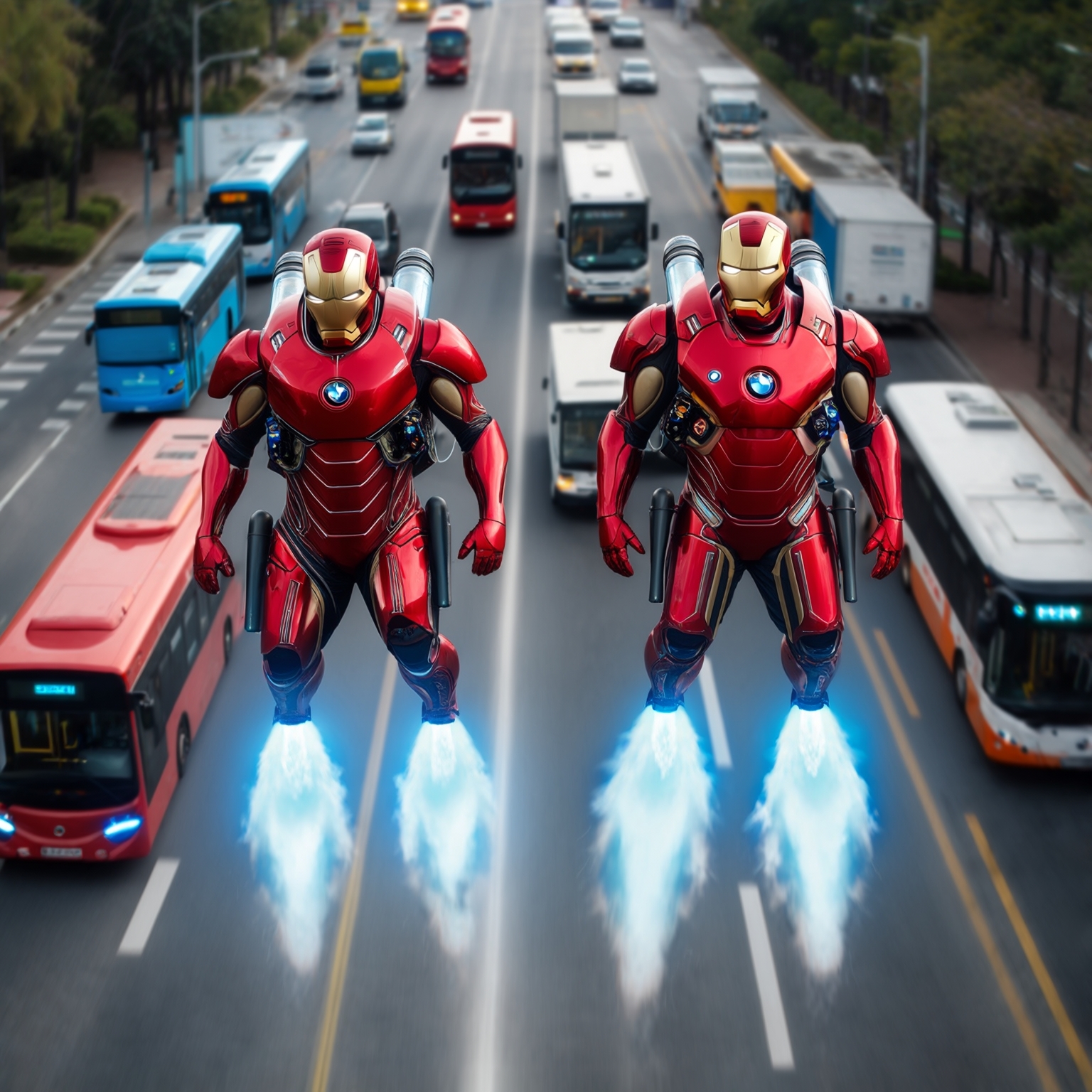 AI Image Generated by Luma Photon: Two Ironman-style travelers in red armor, visible face, transparent helmet, fly low at high speed over a asphalt route collapsed of electric buses and truck traffic, as if they were floating in space
The boots and gloves as well as the jetpack have a blue afterburner effect and propulsion units, based on turbine electric motors in a backpack and the armor has colored lights and LED headlights, as well as AirBMW Astro logos