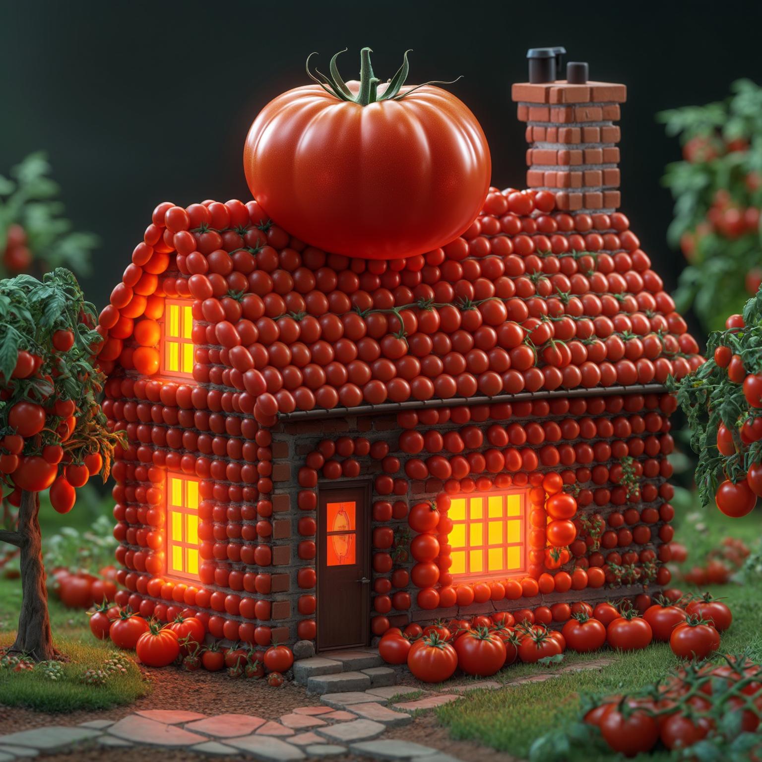 AI Image Generated by Luma Photon: A 3D rendering of a house made entirely of glowing tomatoes. The exterior of the house is a bright red color, with tomatoes arranged in a way that evokes traditional brickwork. The roof is dome-shaped and shaped like a large, juicy tomato. There is a small garden around the house with tomato trees. The overall mood of the photo is whimsical and striking, with a hint of surrealism. Masterpiece. HD details. best quality