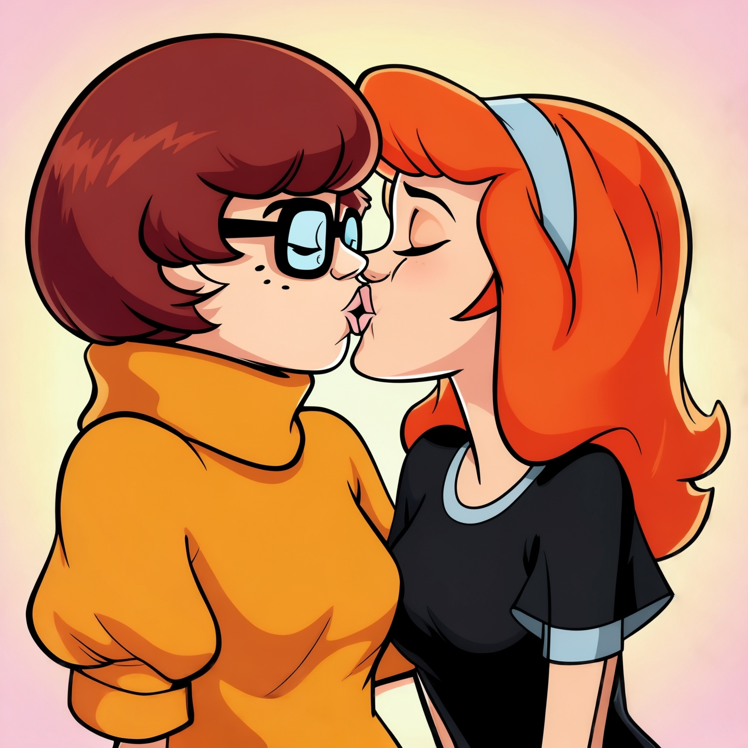 AI Image Generated by Luma Photon: Lesbiennes  en t-shirt noir velma dinkley in glace et Daphne Blake câliner être amoureuse et resté amoureuse pour toujours et s'embrasser sur la bouche styles Scooby-doo hanna-barbera