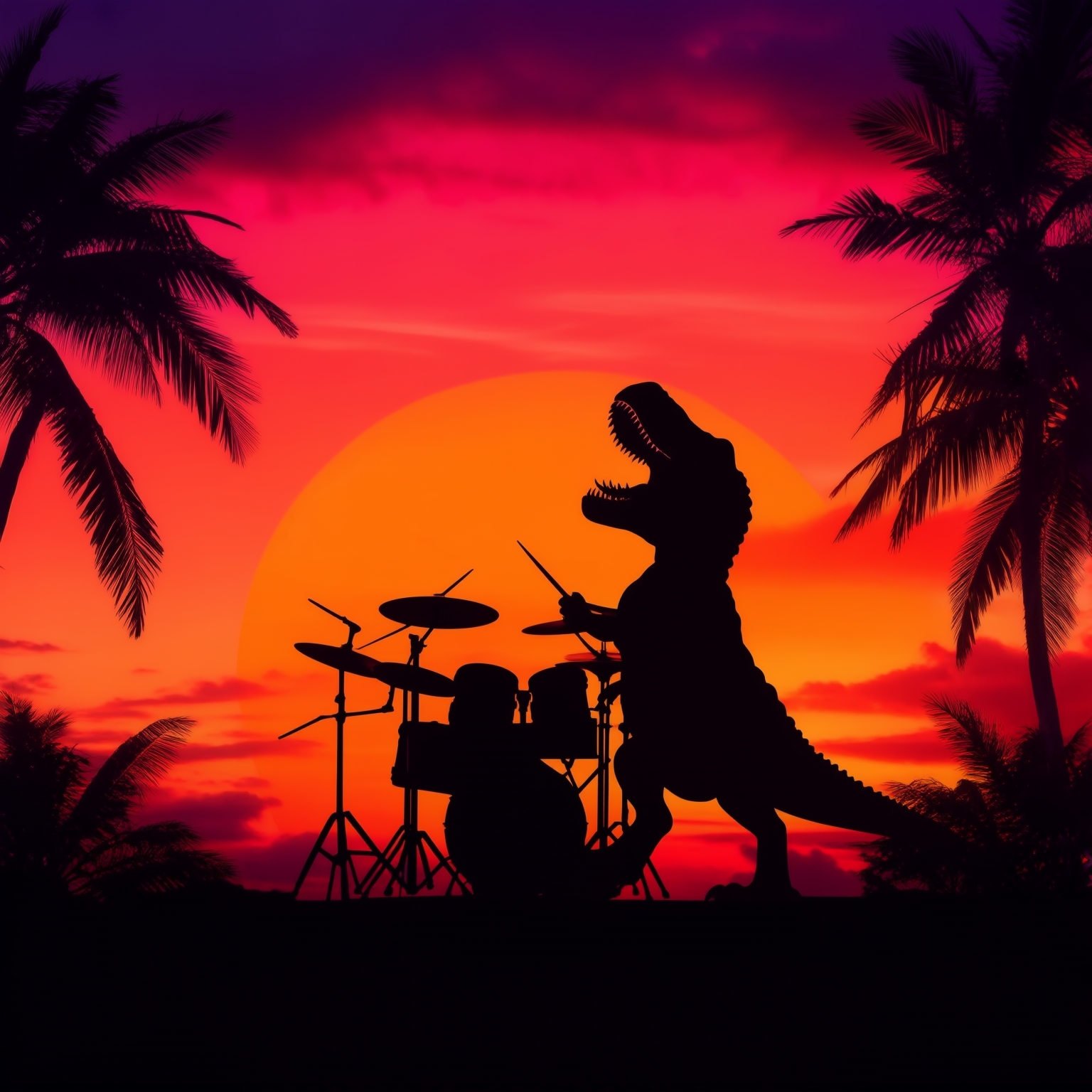 AI Image Generated by Luma Photon: t-rex happily playing drums on a full drum set, silhouetted by a sunset in Hawaii 
