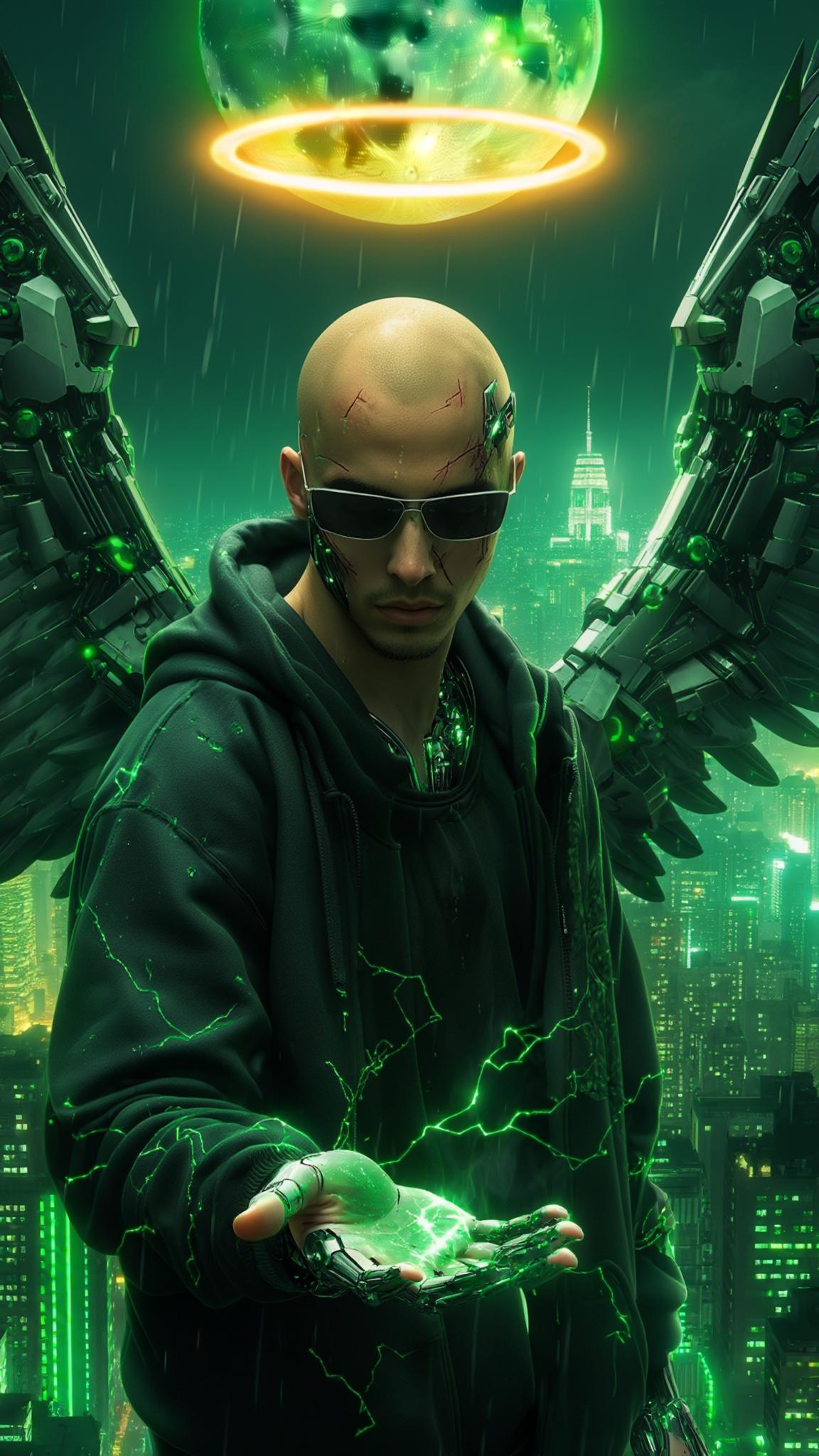 AI Image Generated by Luma Photon: A cinematic close-up captures a bald Dominican young man standing motionless in the heart of a sprawling futuristic cityscape. The golden glow of a floating halo above his head softly illuminates his cybernetically enhanced face, highlighting deep scars that tell a story of survival. His sleek sunglasses rest low on his nose, revealing sharp, contemplative eyes as he gazes into his open palm radiating with green electricity. Raindrops sizzle against his cybernetic fingers, steam rising as faint arcs of electricity dance across his metallic limbs. His massive Gundam-style mecha wings remain folded behind him, pulsating with neon green energy, their intricate mechanisms subtly shifting with each breath he takes. The city hums around him—ships patrol the sky, their distant lights flickering in the reflection of his palm. The camera lingers on the moment, capturing every detail in hyper-realistic 8K with Unreal Engine-quality visuals. The neon skyline pulses in slow rhythm, a hypnotic dance of color and light, while a massive green moon looms overhead, casting an ethereal glow across the scene. The world seems to pause with him, the weight of destiny resting in his grasp.