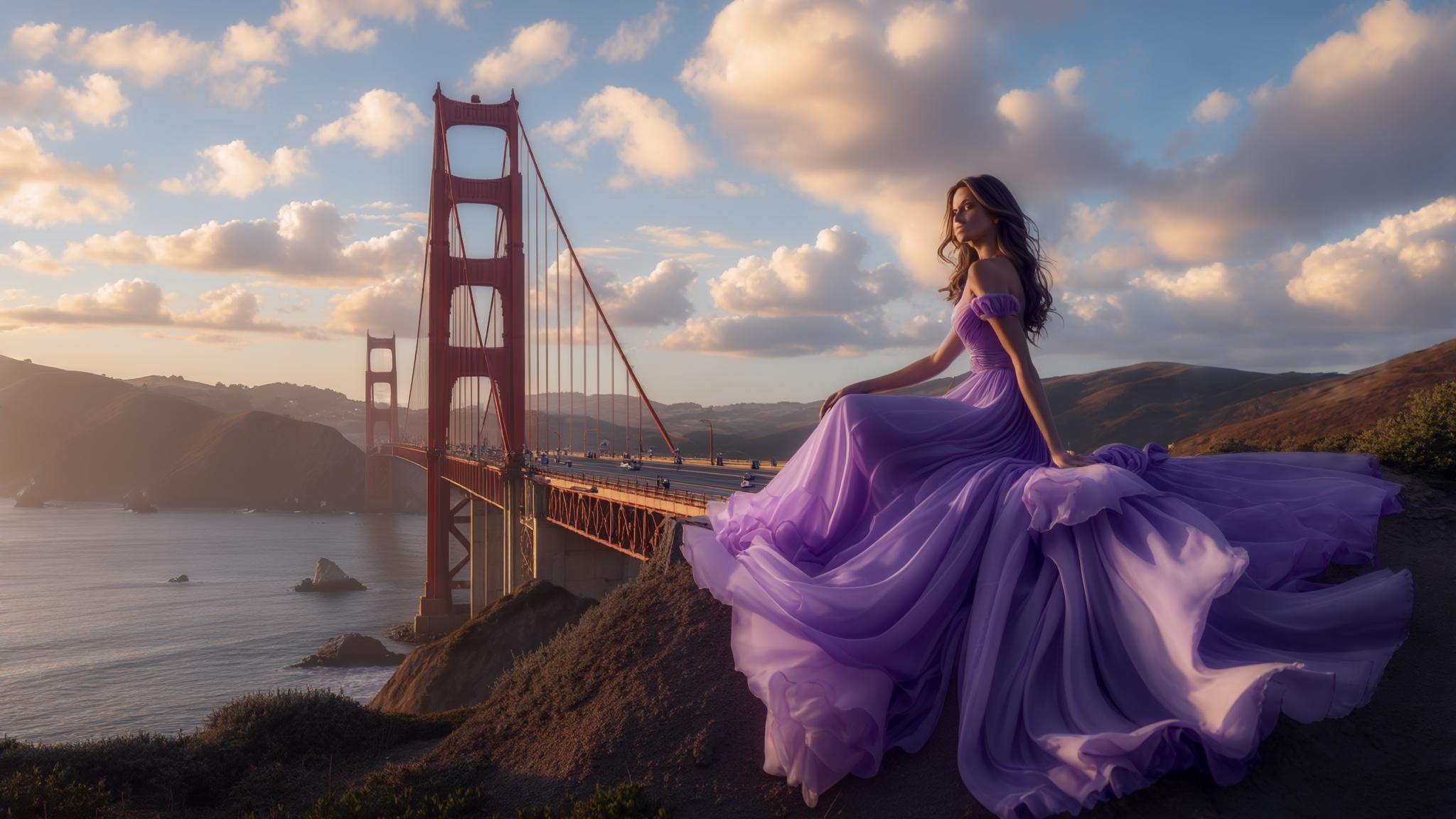 AI Image Generated by Luma Photon: Ethereal woman clad in a flowing, soft purple dress adorned with myriad folds and a fluttering tail, seated Golden Gate Bridge encompassed by an expansive, ultra-detailed landscape, watercolor painting, soft highlights caressing the bridge's iconic structure, deep shadows tucked beneath its grand arches, golden hour light bathing the scene in warm, vibrant hues, volumetric clouds casting dynamic patterns across the sky, wide-angle view capturing the layers of terrain and lush textures, serene, majestic aura evoking classic landscape paintings, 8K, octane render, trending on Artstation, photorealistic concept
