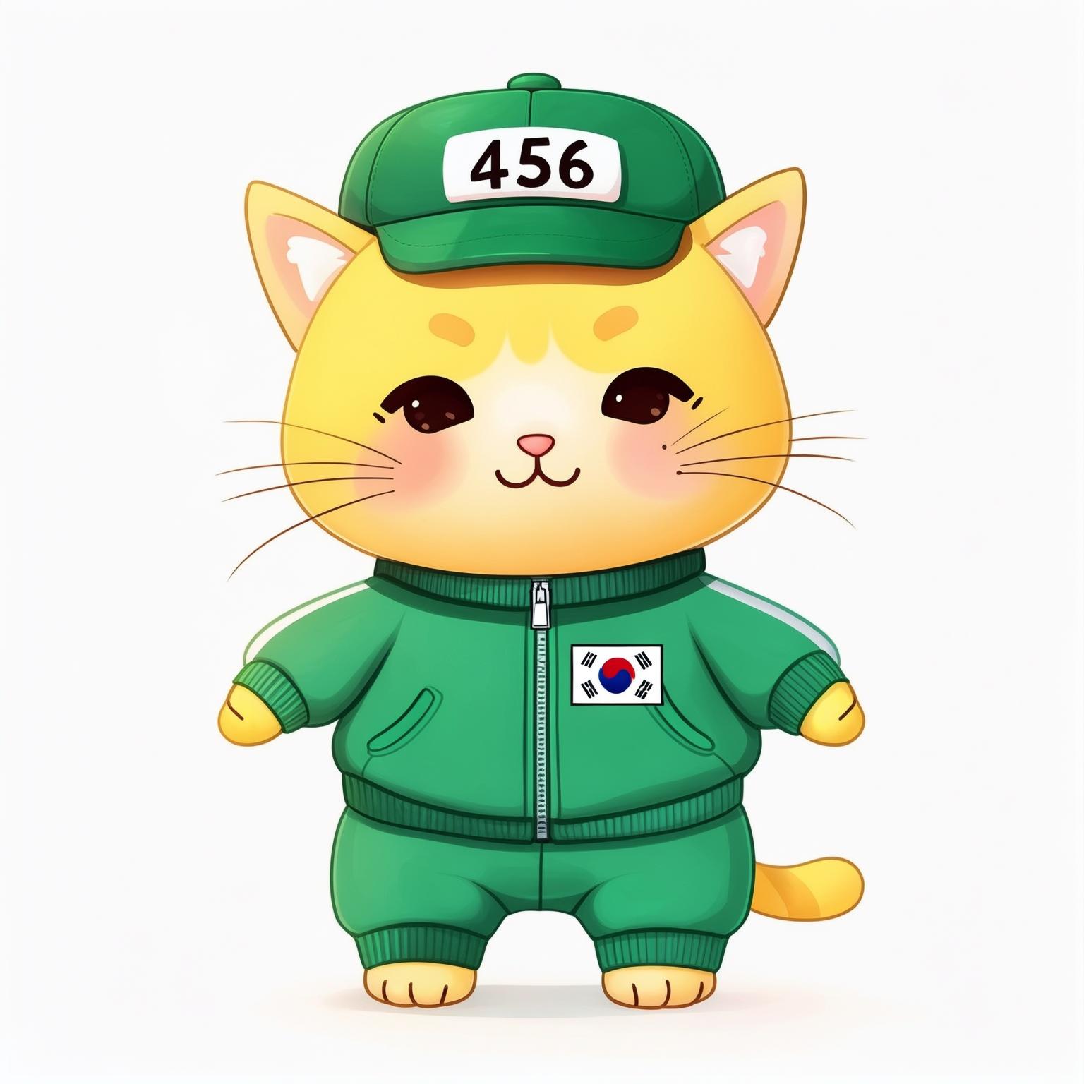 AI Image Generated by Luma Photon: Wear a green costume from Netflix's Squid Game on a white background and draw a very cute character of a yellow cat with the number 456 on its hat. The green costume is inscribed with the Korean national flag.