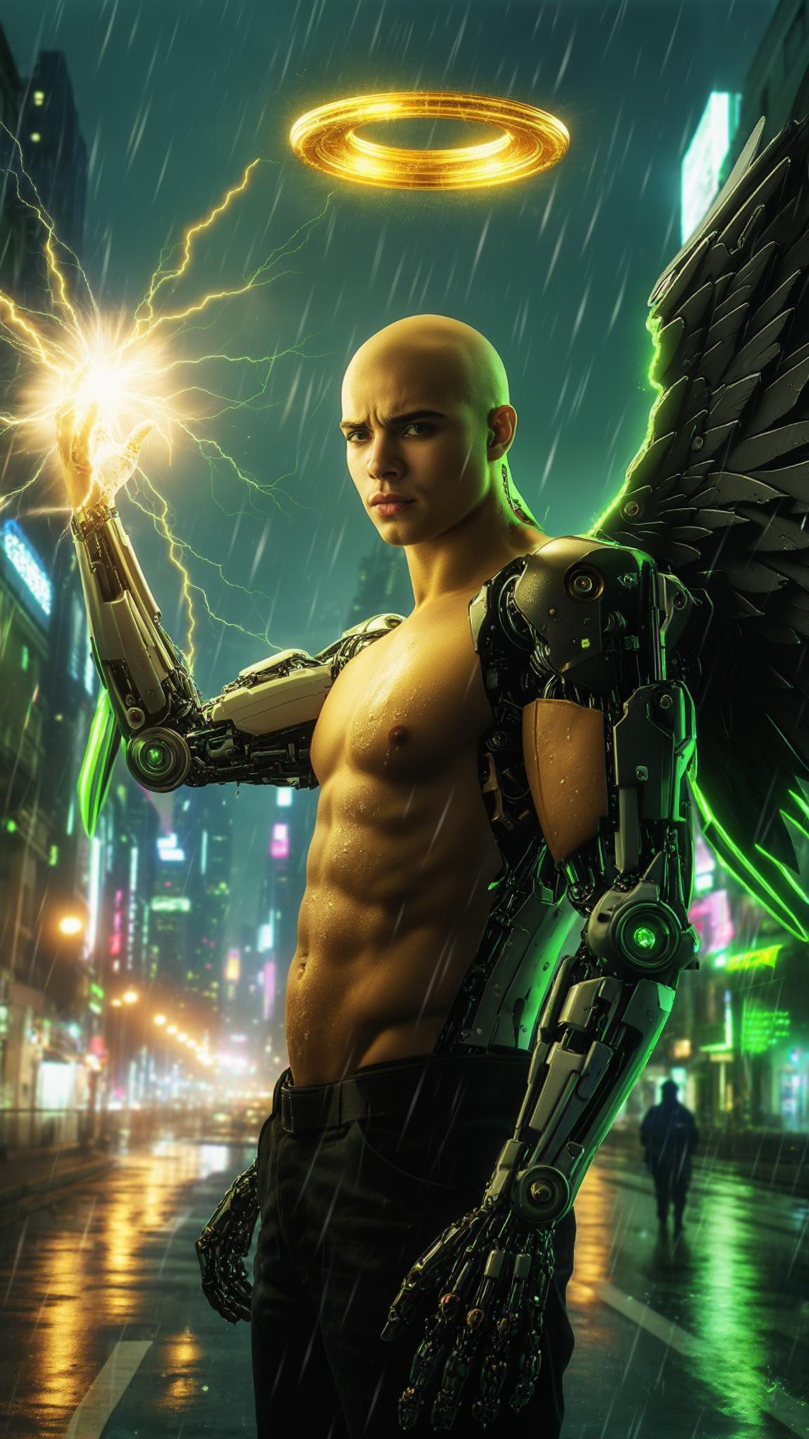 AI Image Generated by Luma Photon: A cinematic 45-degree shot captures a bald Dominican young man standing in the neon-lit streets of a sprawling futuristic cityscape, his battle-worn face illuminated by the golden glow of a floating halo above his head. Rain drizzles onto the slick pavement, reflecting the pulsing neon skyline as distant patrol ships weave through the sky. His cybernetic arms crackle with surging electricity, energy coursing like a living storm through his metallic veins. Massive Gundam-style mecha wings remain folded behind him, their sleek black alloy and neon green energy pulsating in anticipation.

Slowly, he raises his arm forward, fingers curling into a precise form as raw power gathers at his palm. The atmosphere shifts—lights flicker, the air hums, and the ground trembles with the charge. The camera tightens on his face, revealing a sharp, unwavering gaze as a brilliant energy sphere condenses at his fingertips. Then, in a single, explosive motion, he unleashes a blinding energy blast skyward. The shot follows the beam’s trajectory as it cuts through the rain, illuminating the darkened skyline with an electric-blue glow. The enemy ship above attempts to evade, but the impact is inevitable—an eruption of fire and debris engulfs the sky, shockwaves rippling through the towering skyscrapers. His silhouette stands firm against the backdrop of destruction, the faint crackle of residual energy still flickering around his outstretched arm. The city hums with tension, bathed in the aftermath of his raw power, rendered in hyper-realistic 8K with Unreal Engine-quality visuals.
